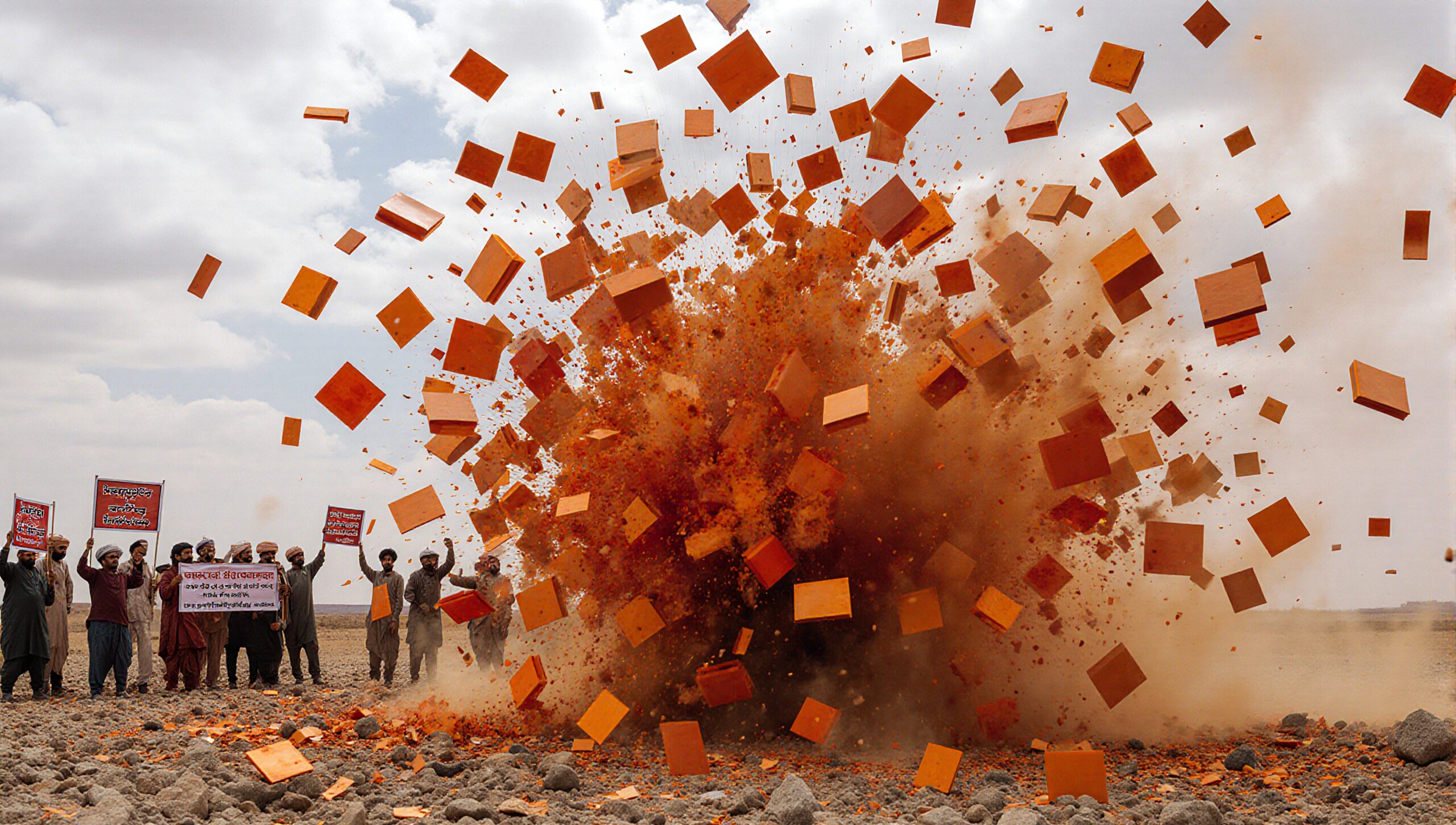 A massive explosion sends orange tiles flying amidst a crowd holding signs in a dramatic protest scene.