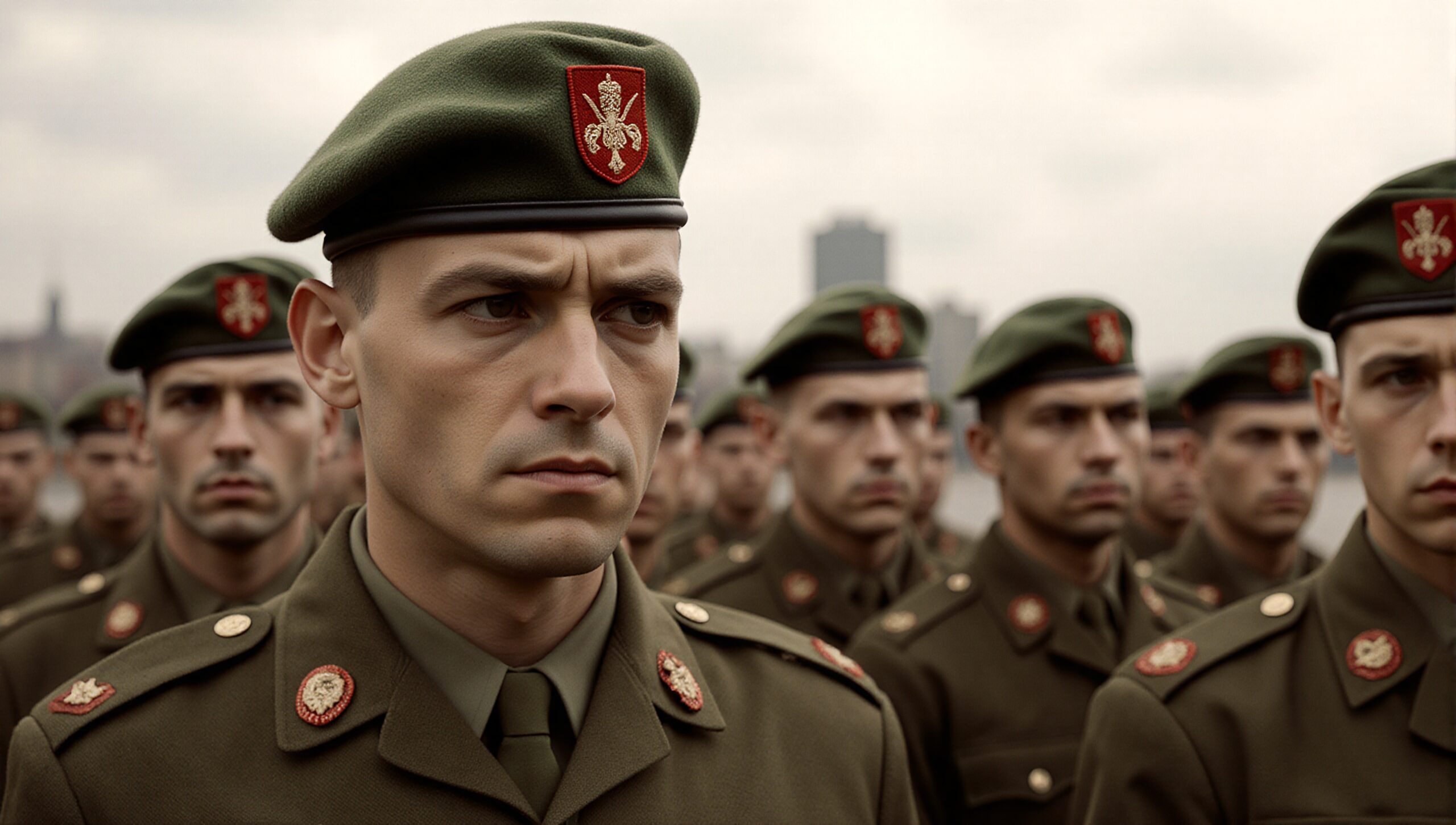 A group of soldiers stands in formation wearing olive uniforms with red berets, symbolizing discipline and unity.
