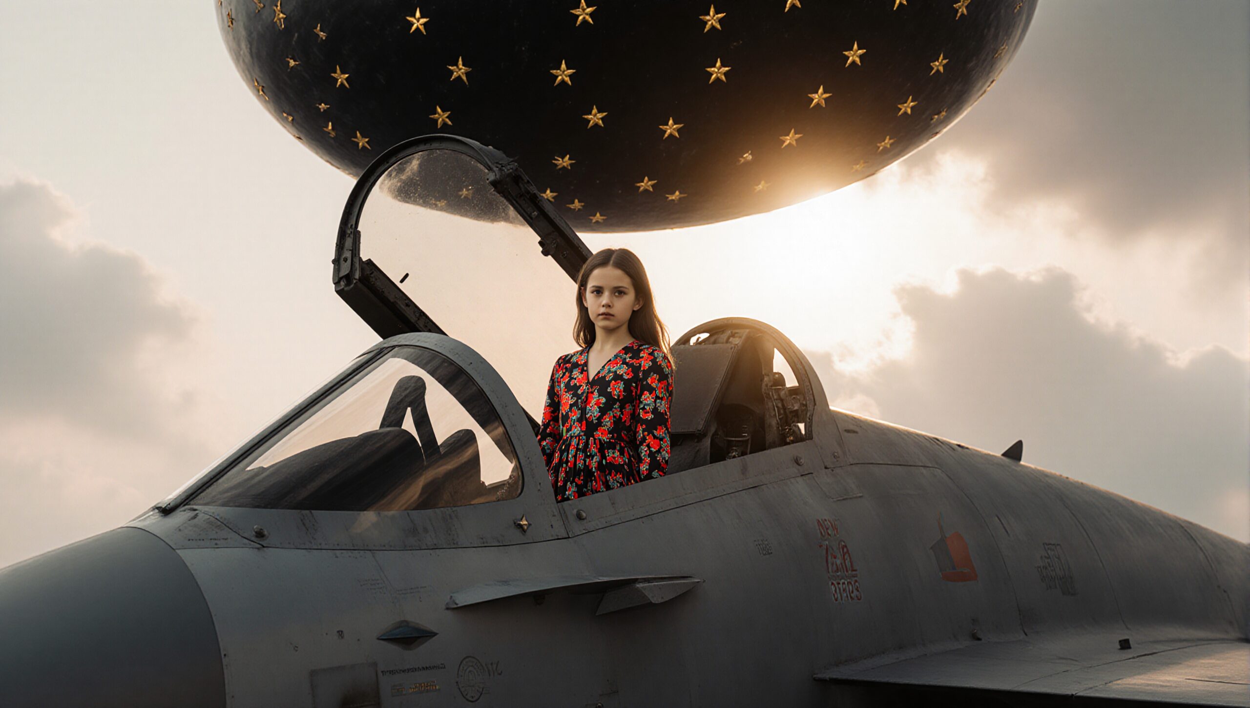 A young girl in a red floral dress stands in a fighter jet cockpit beneath a mysterious star-adorned object in the sky.