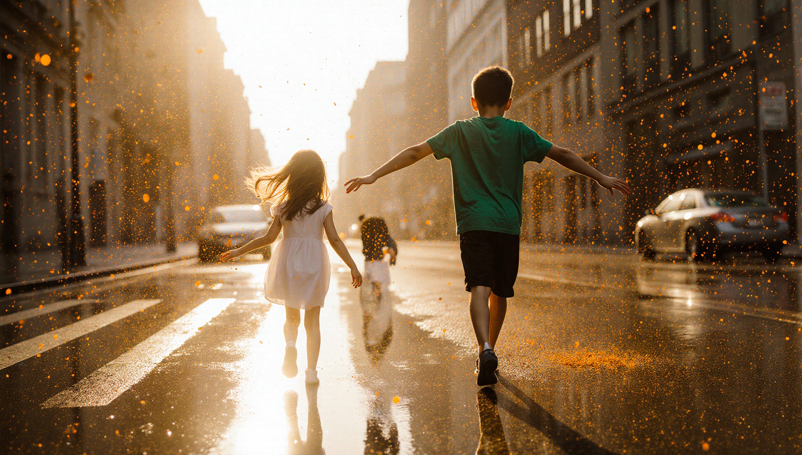 Children run through sunlit rain capturing freedom.
