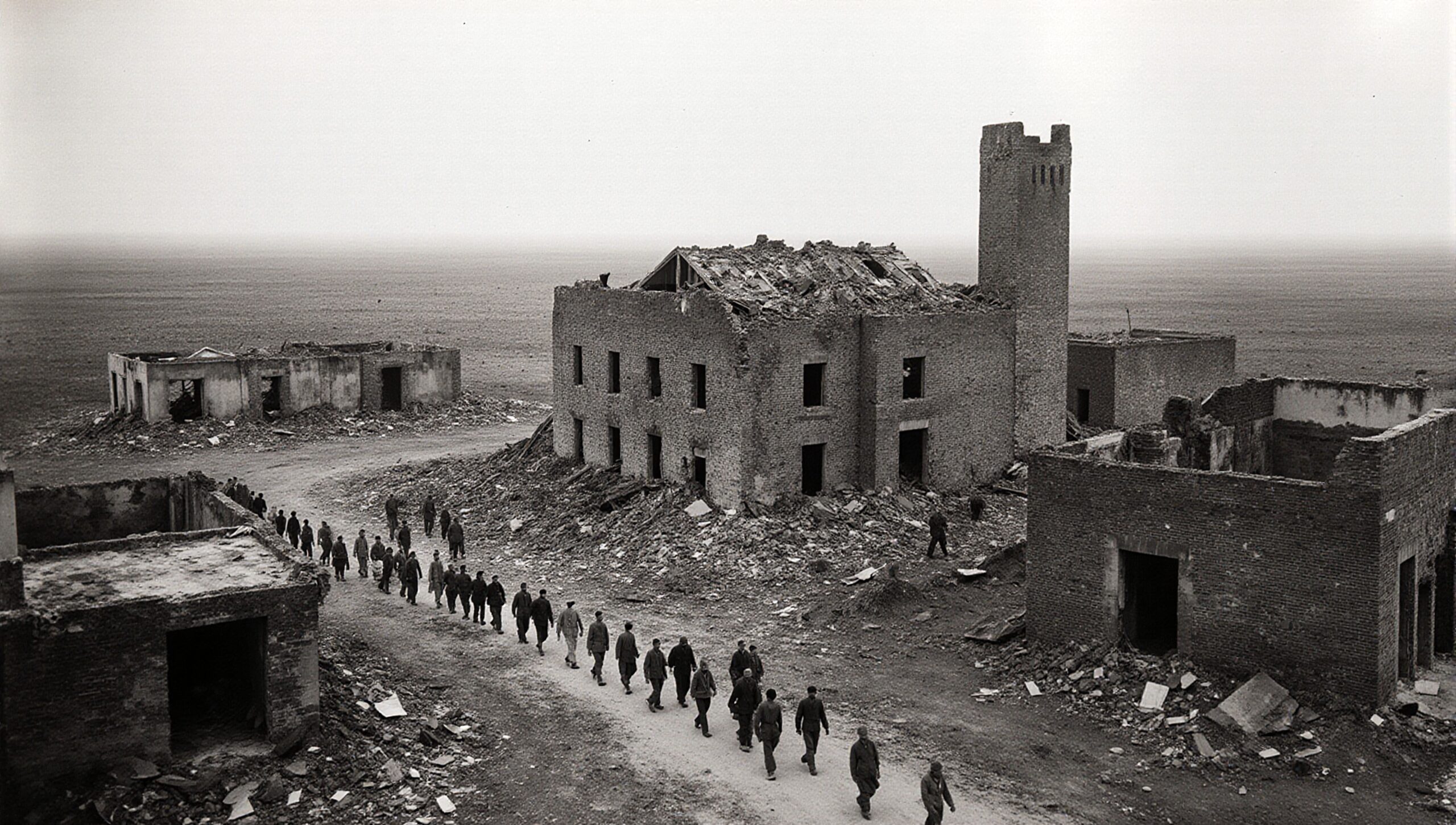 A group of people walks among ruins and debris in a desolate, war-torn landscape.