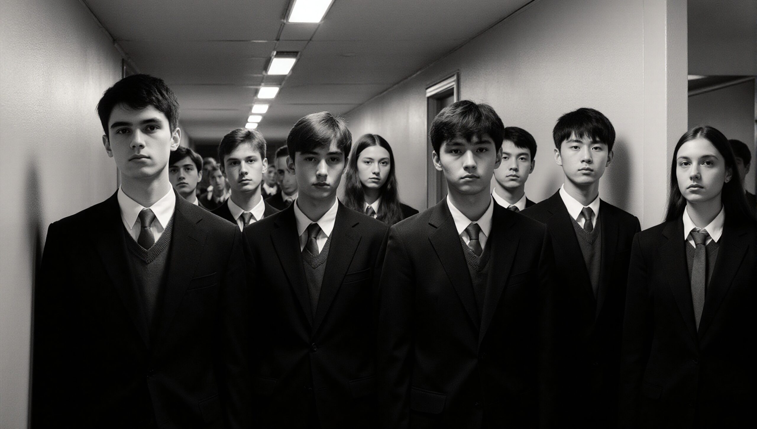 Group of students in formal suits standing in a narrow hallway, captured in black and white.