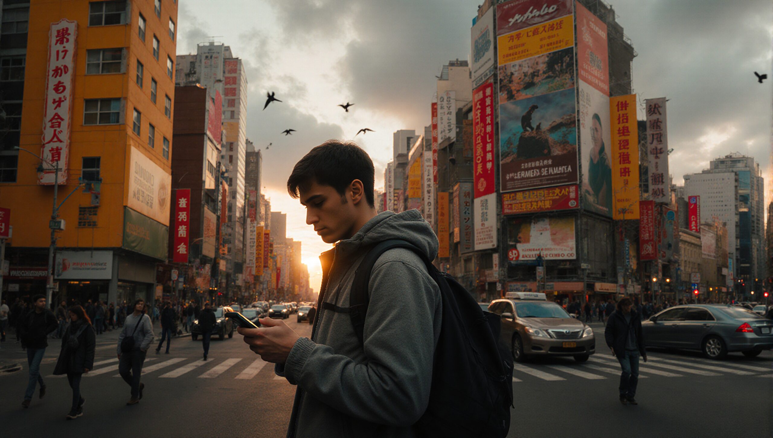 A young man using his smartphone stands amidst a bustling urban street with dramatic sunset and vibrant city signage.