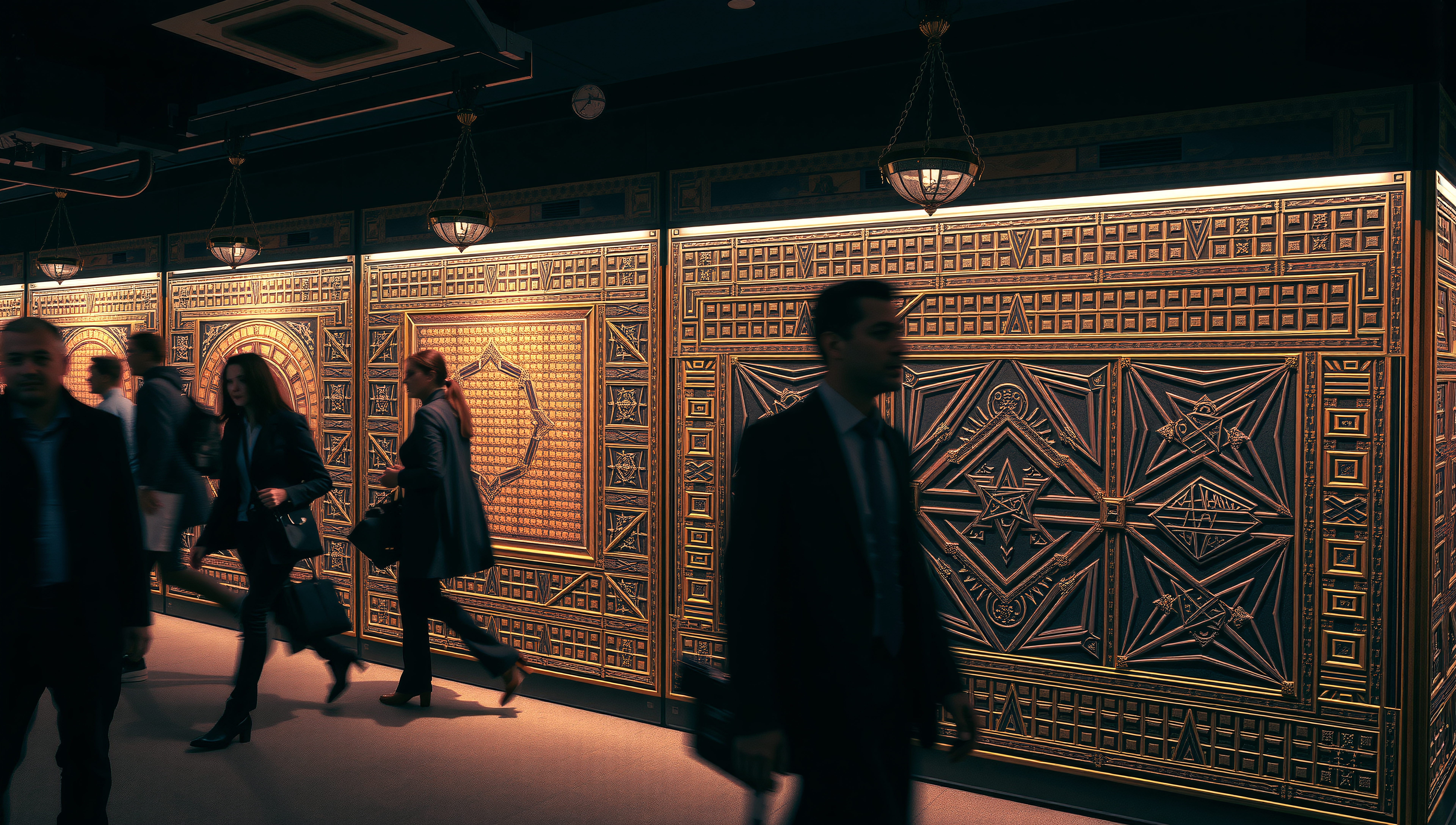 Professionals walking past ornate panels.