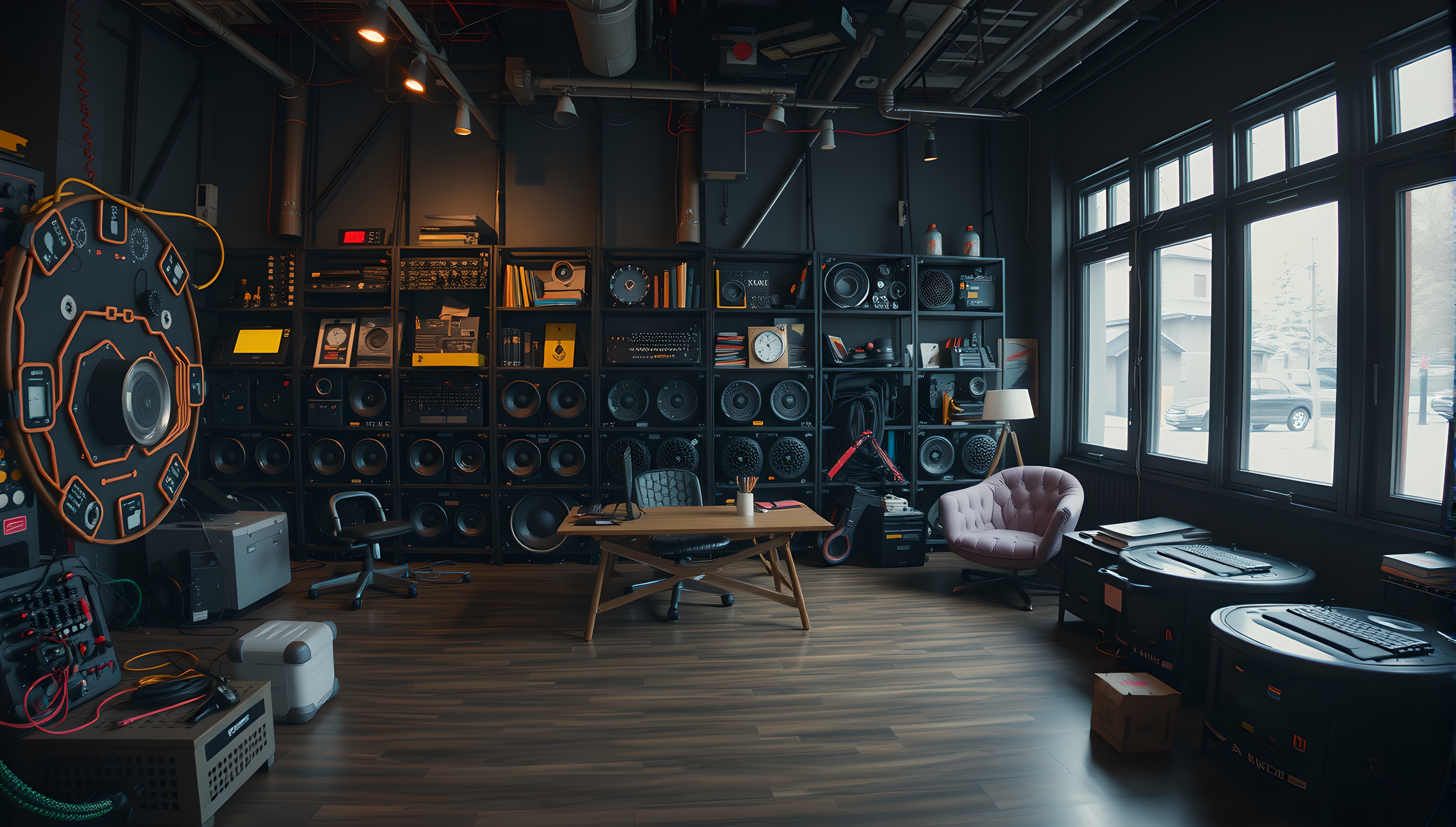 Modern workspace with audio equipment and shelving.