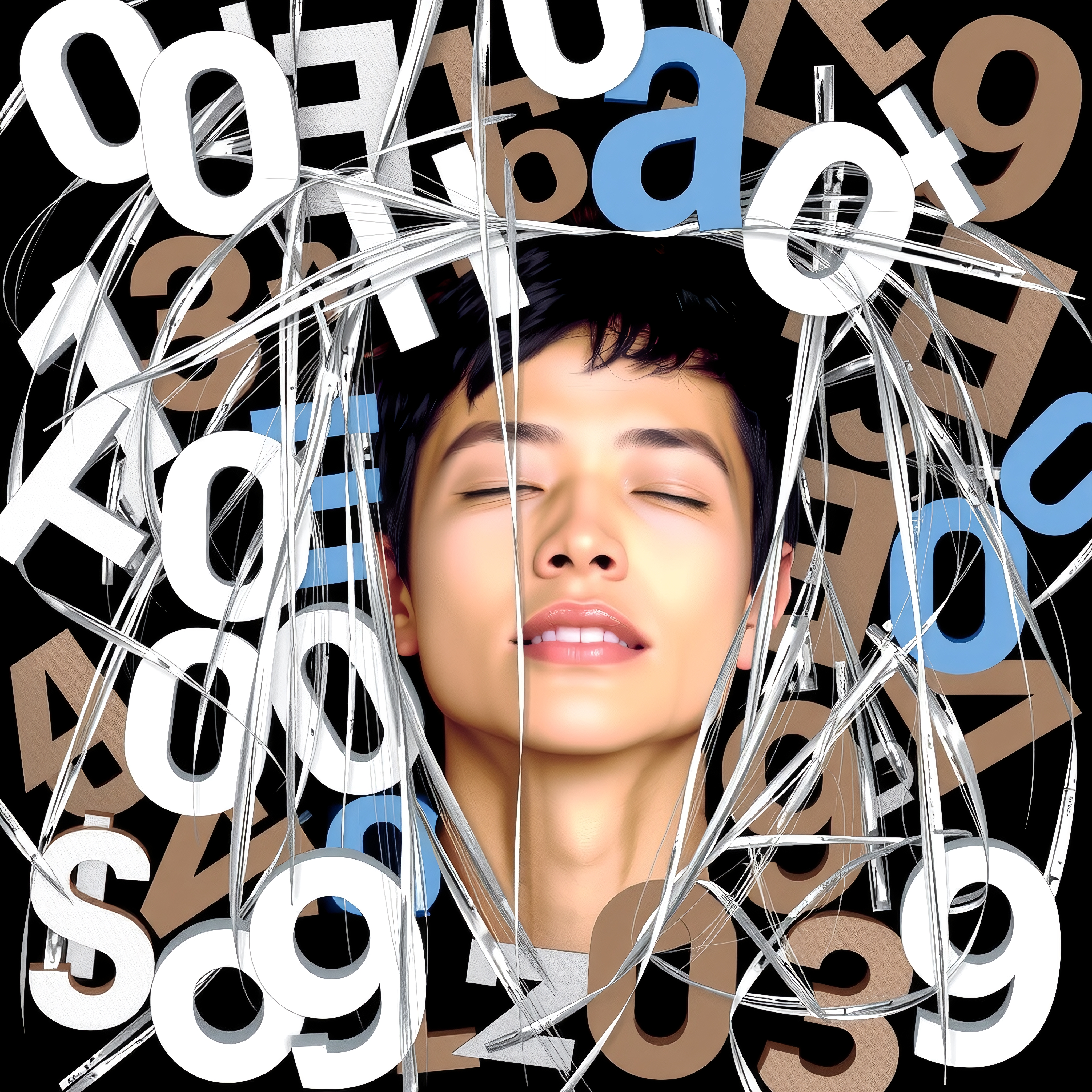 A serene face surrounded by abstract letters and numbers on a black background.