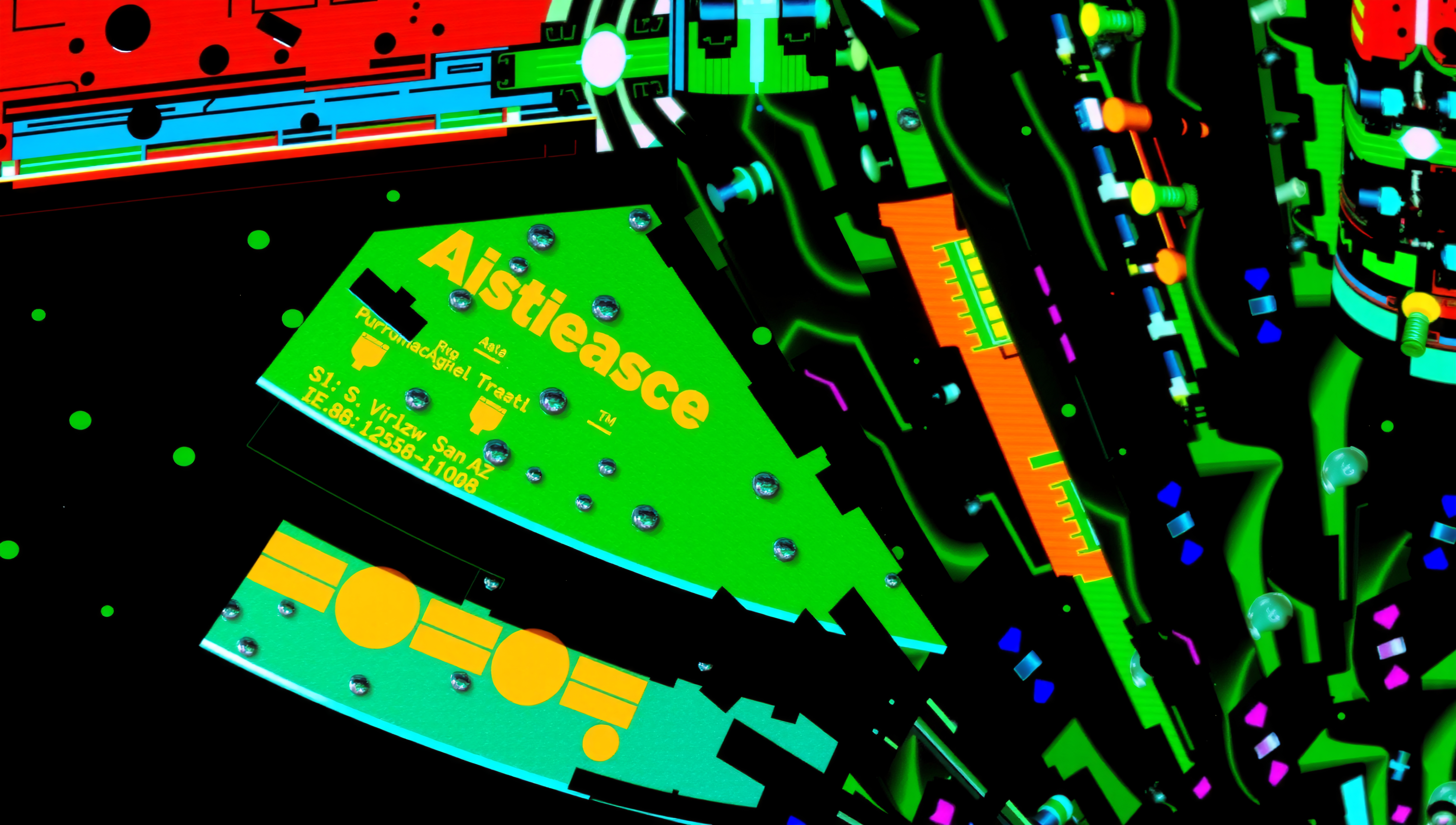 A vivid abstract circuit board with neon colors and intricate patterns creates a futuristic tech-themed visual.
