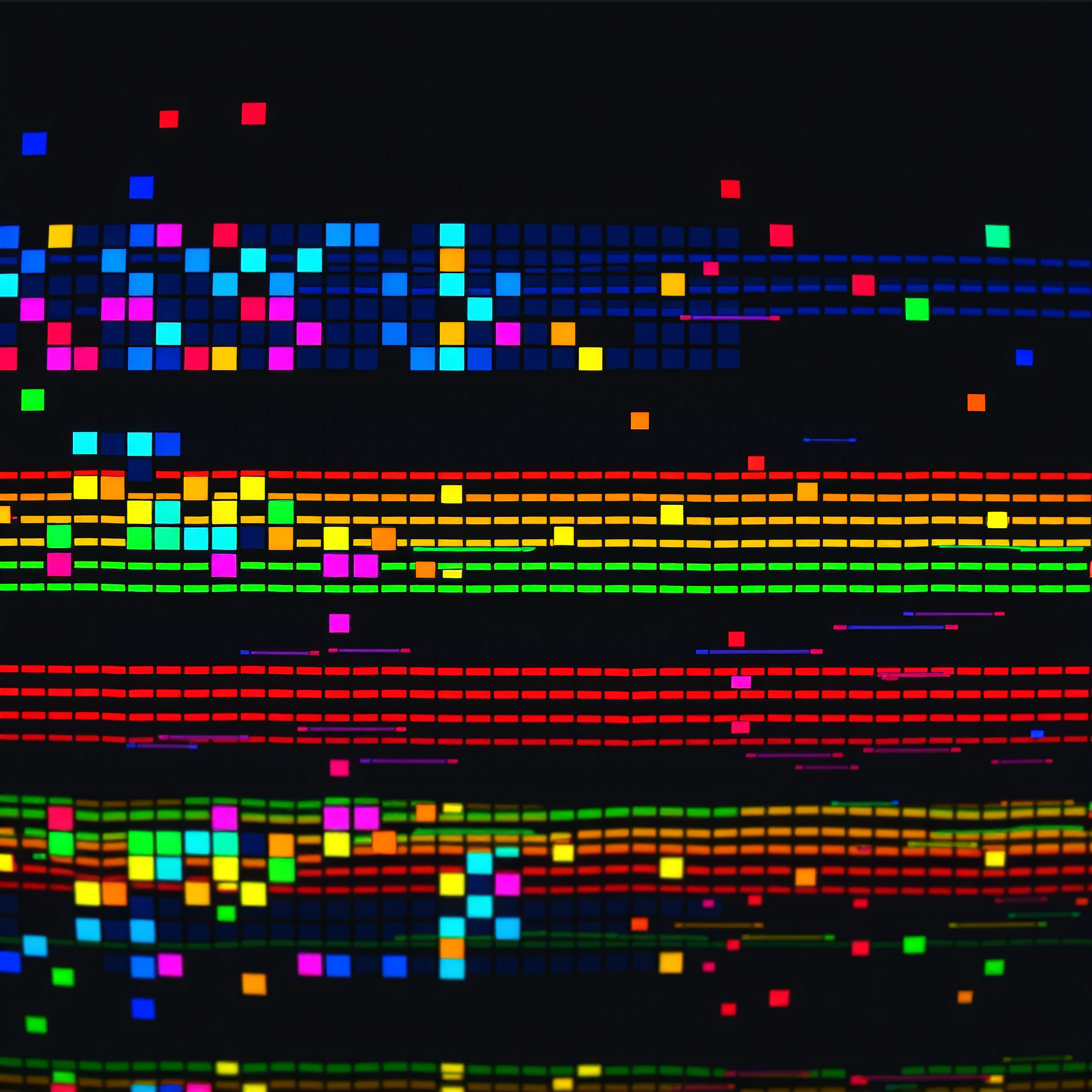 Abstract digital artwork with colorful squares and rectangles on a dark background.