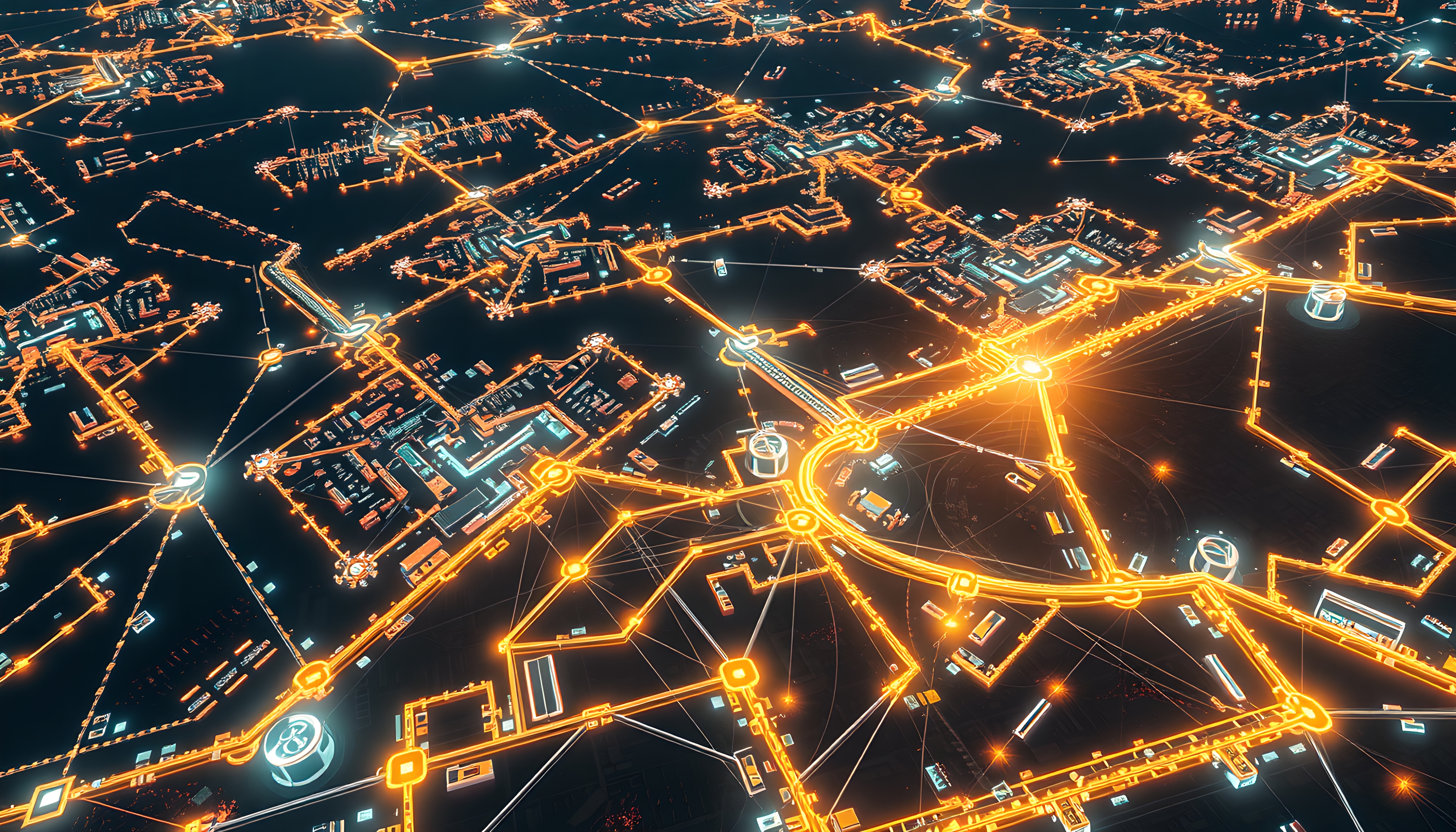 A futuristic digital map with glowing neon pathways illustrating a connected urban network.