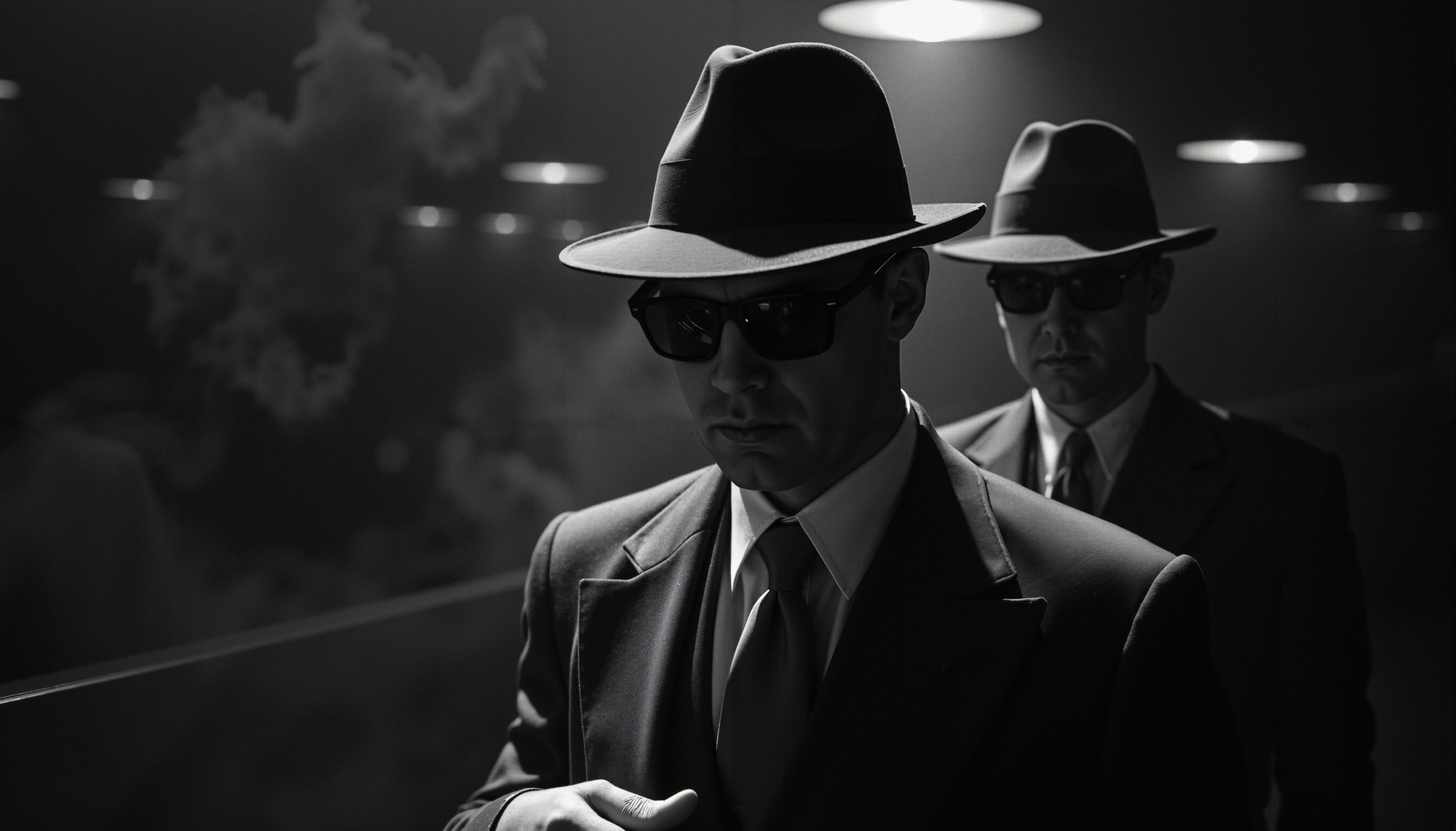 A pair of men in black suits and fedoras walk through a dimly lit corridor, evoking a film noir atmosphere.