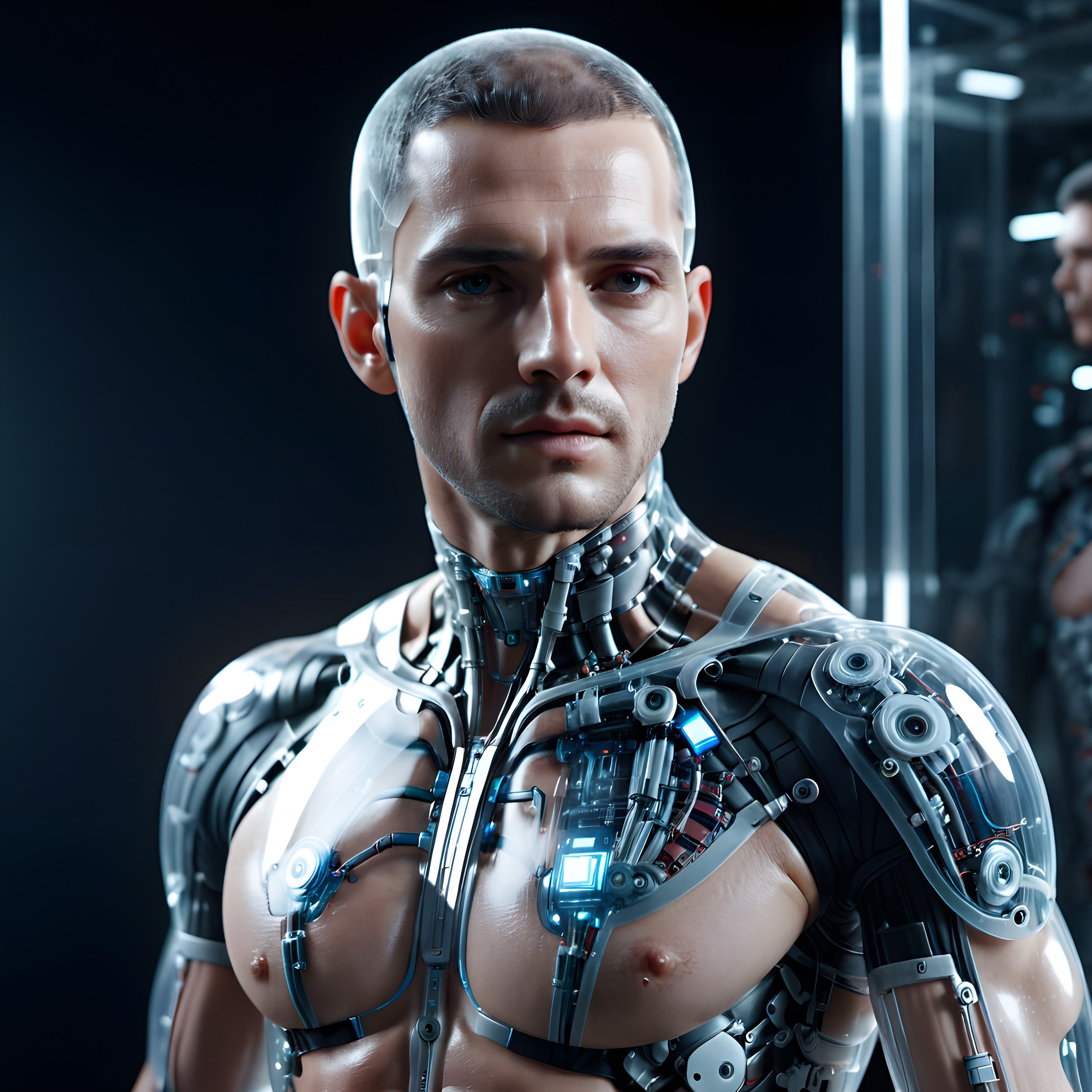 A highly detailed, hyper-realistic male humanoid robot.