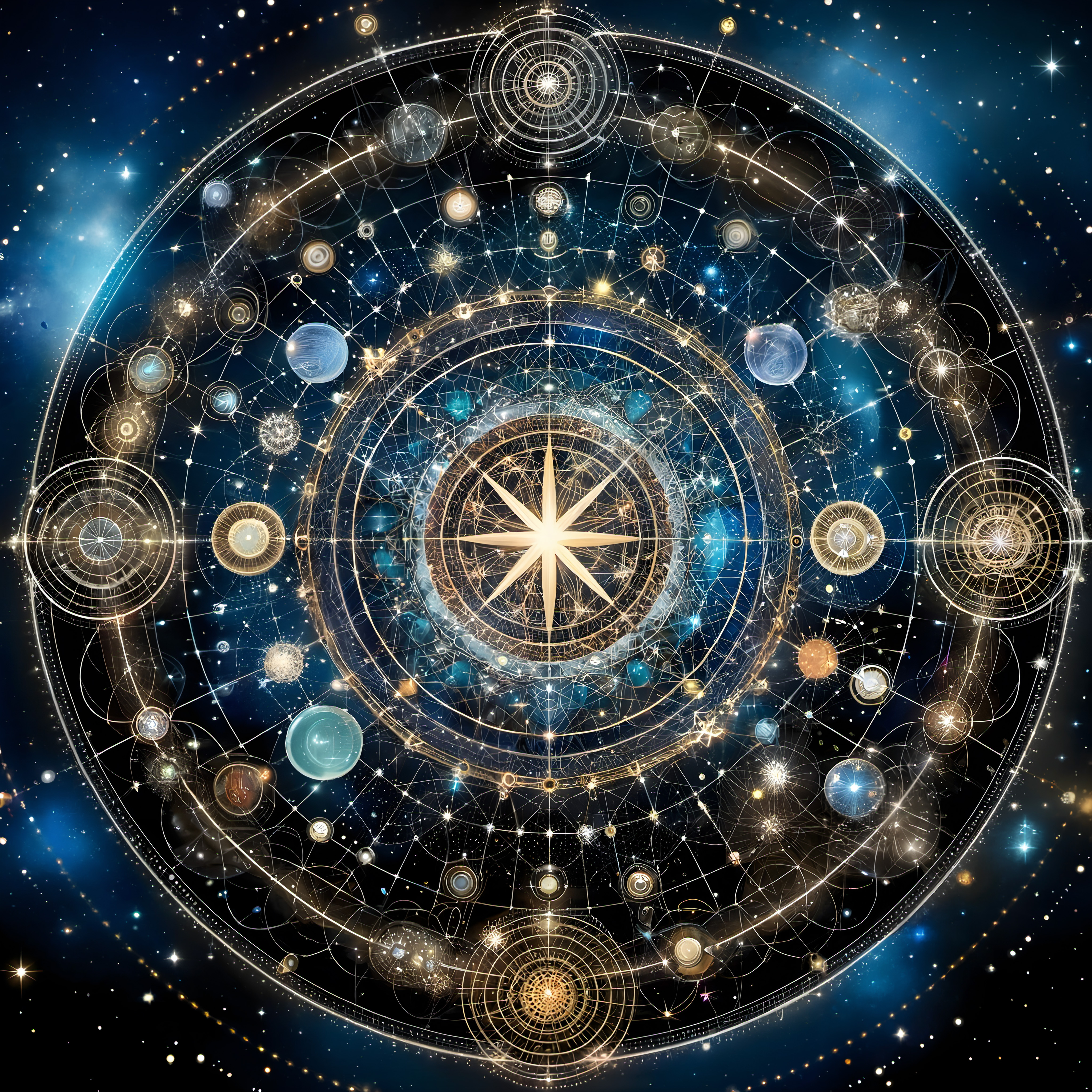 Intricate celestial map featuring stars, planets, and constellations in a starry background.