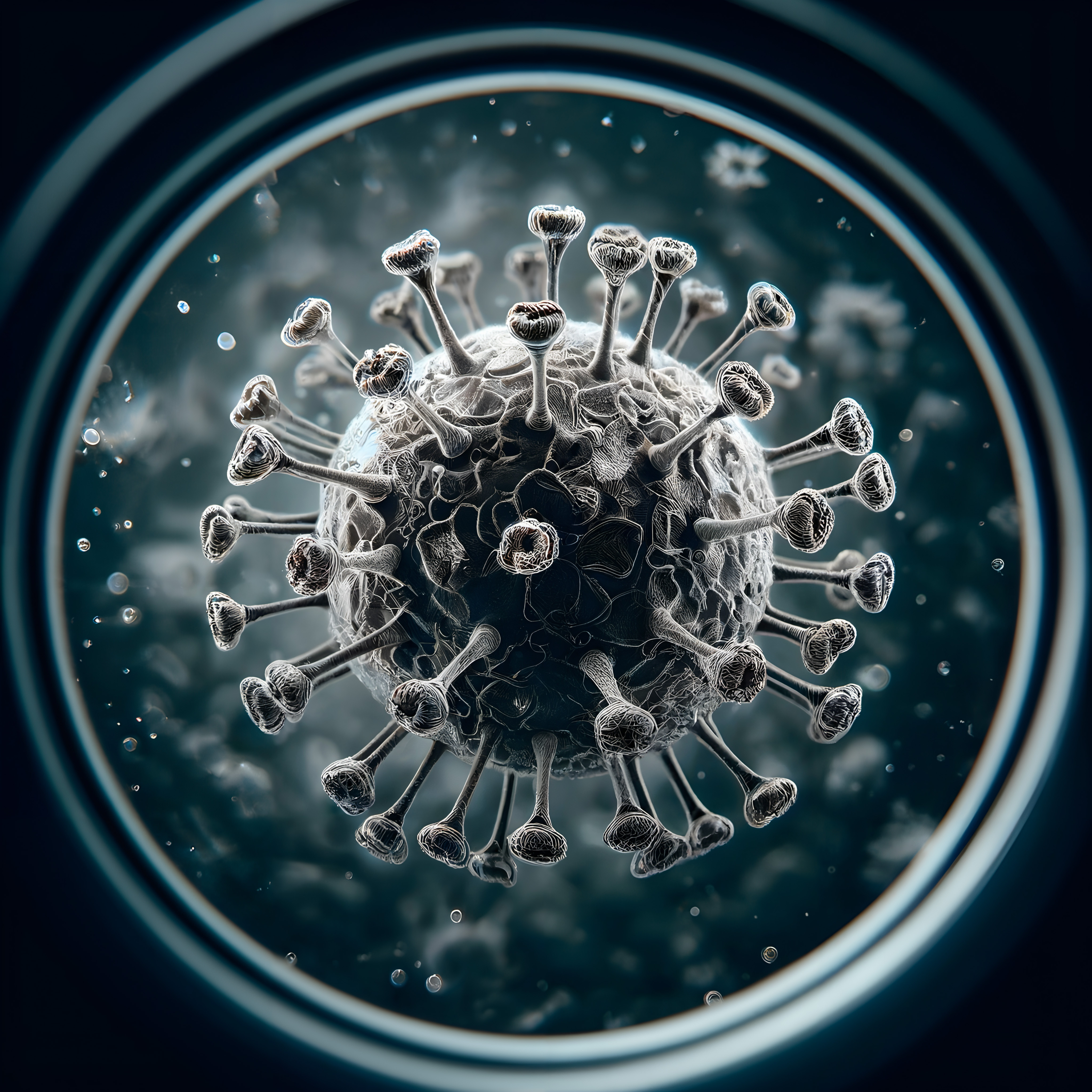 Highly detailed microscopic view of a virus with spike proteins under a magnification lens, showcasing its intricate structure against a blurred background.