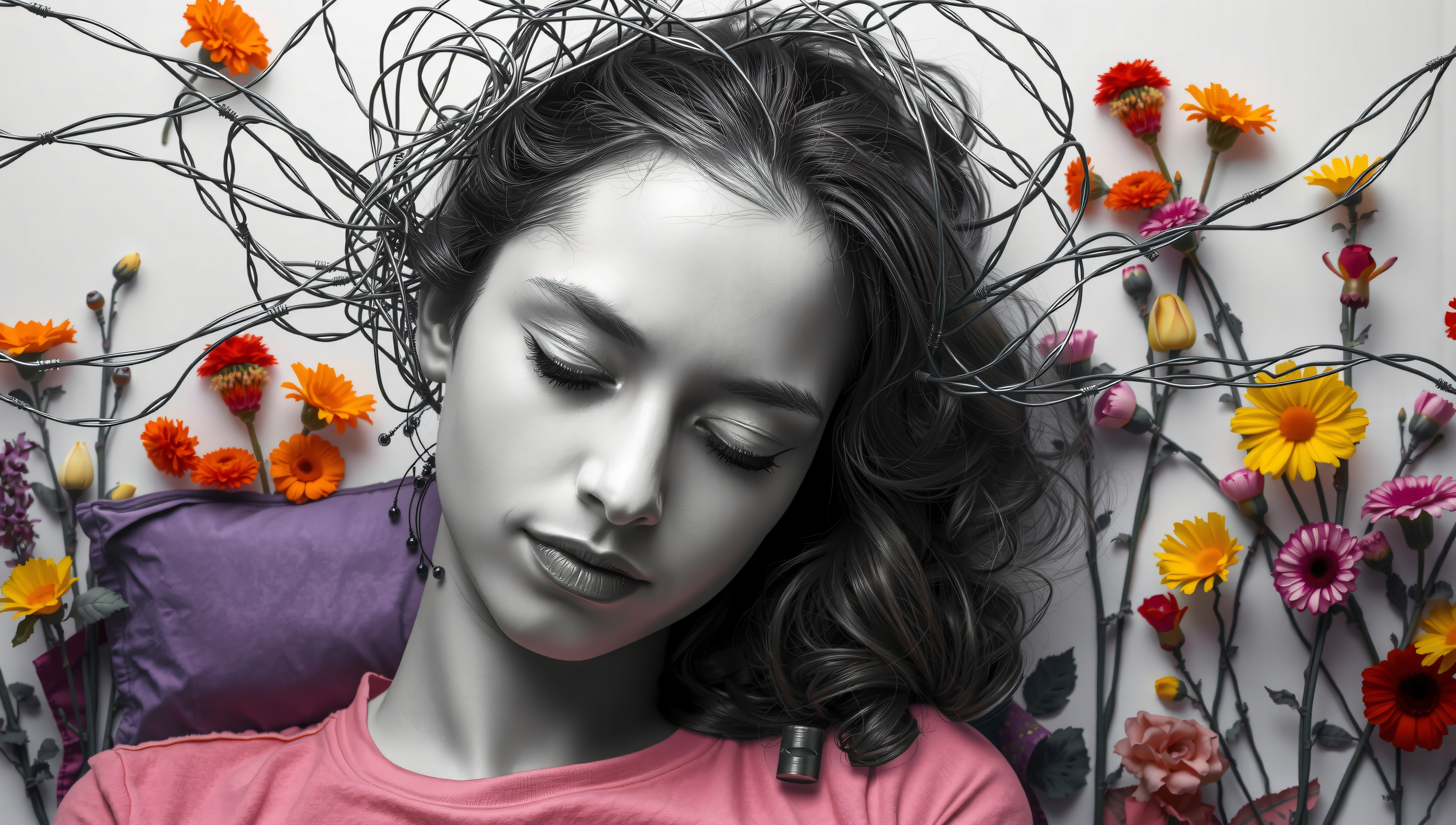 Dreamlike Floral Wire Portrait