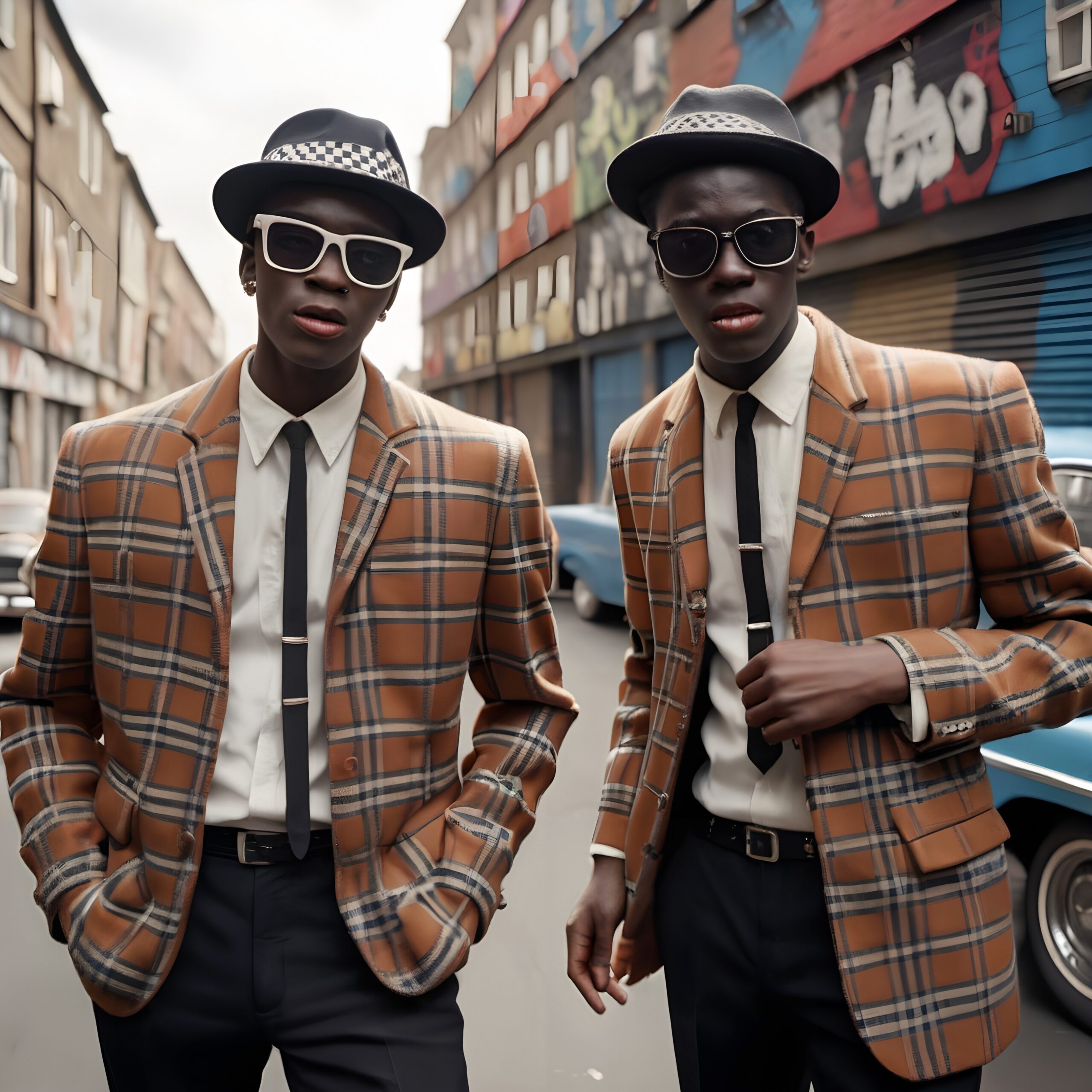 Two individuals in plaid suits and fedoras walk confidently on a graffiti-lined urban street.