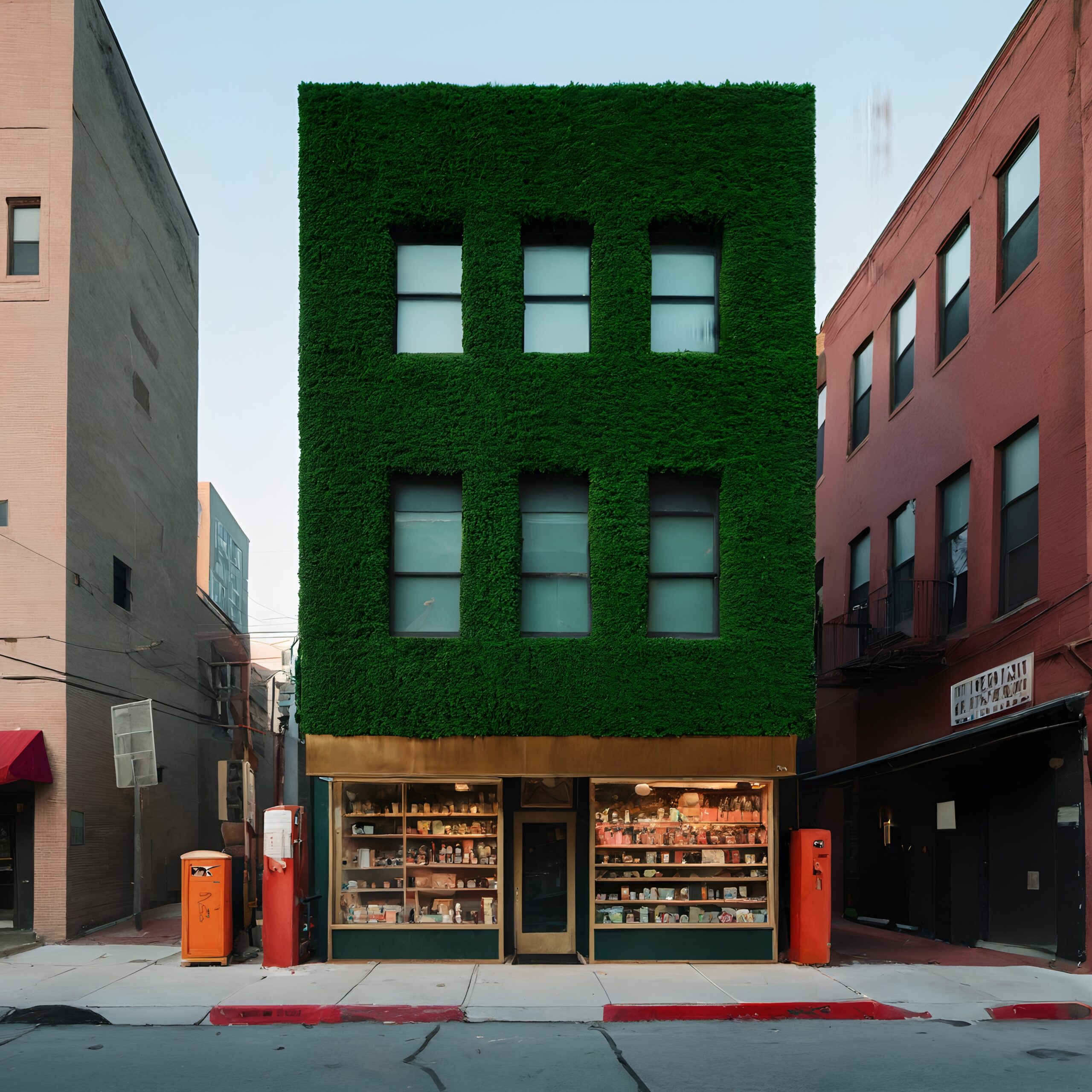 A building with lush green facade and vintage gas pumps on a quiet city street.