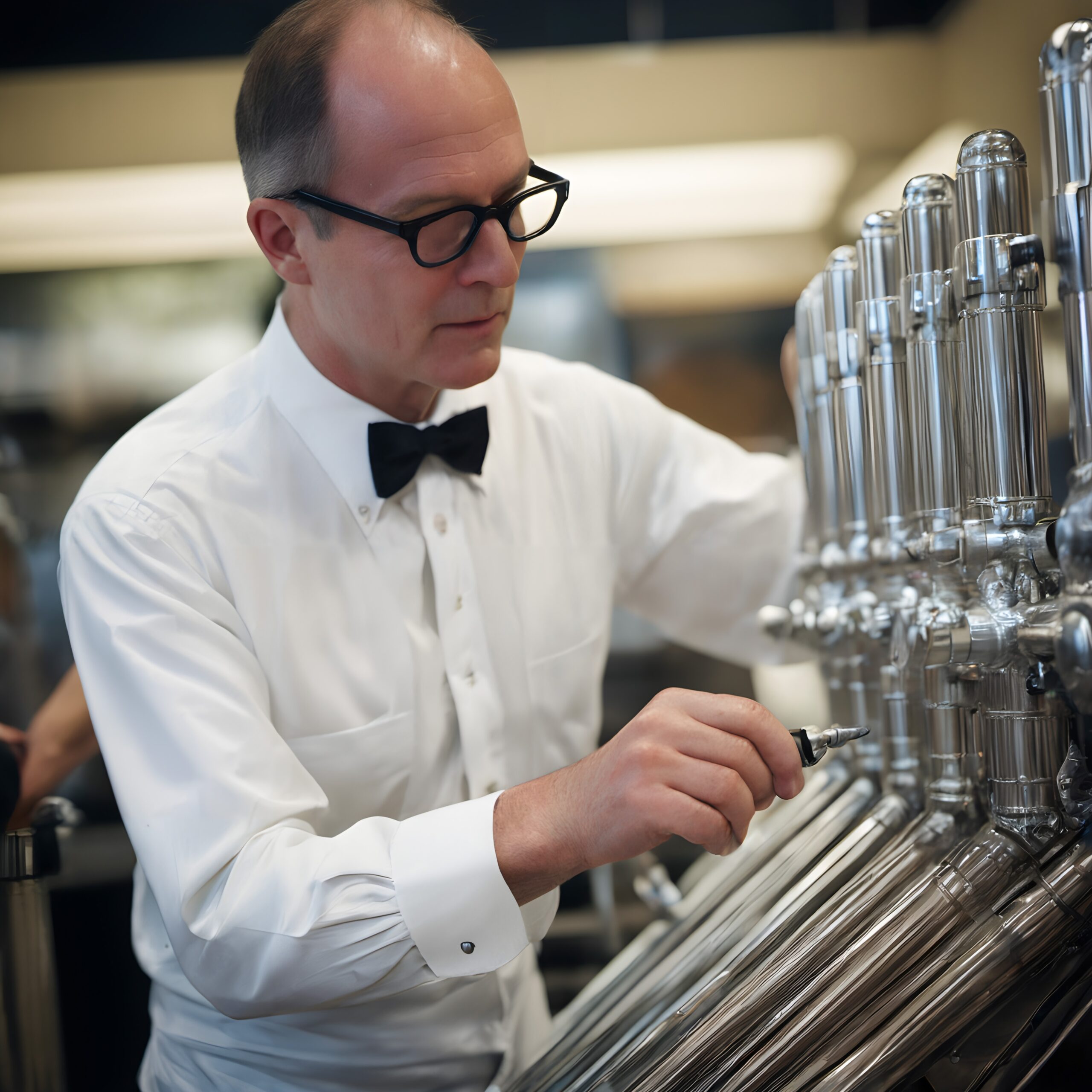A professional man adjusts shiny machinery.
