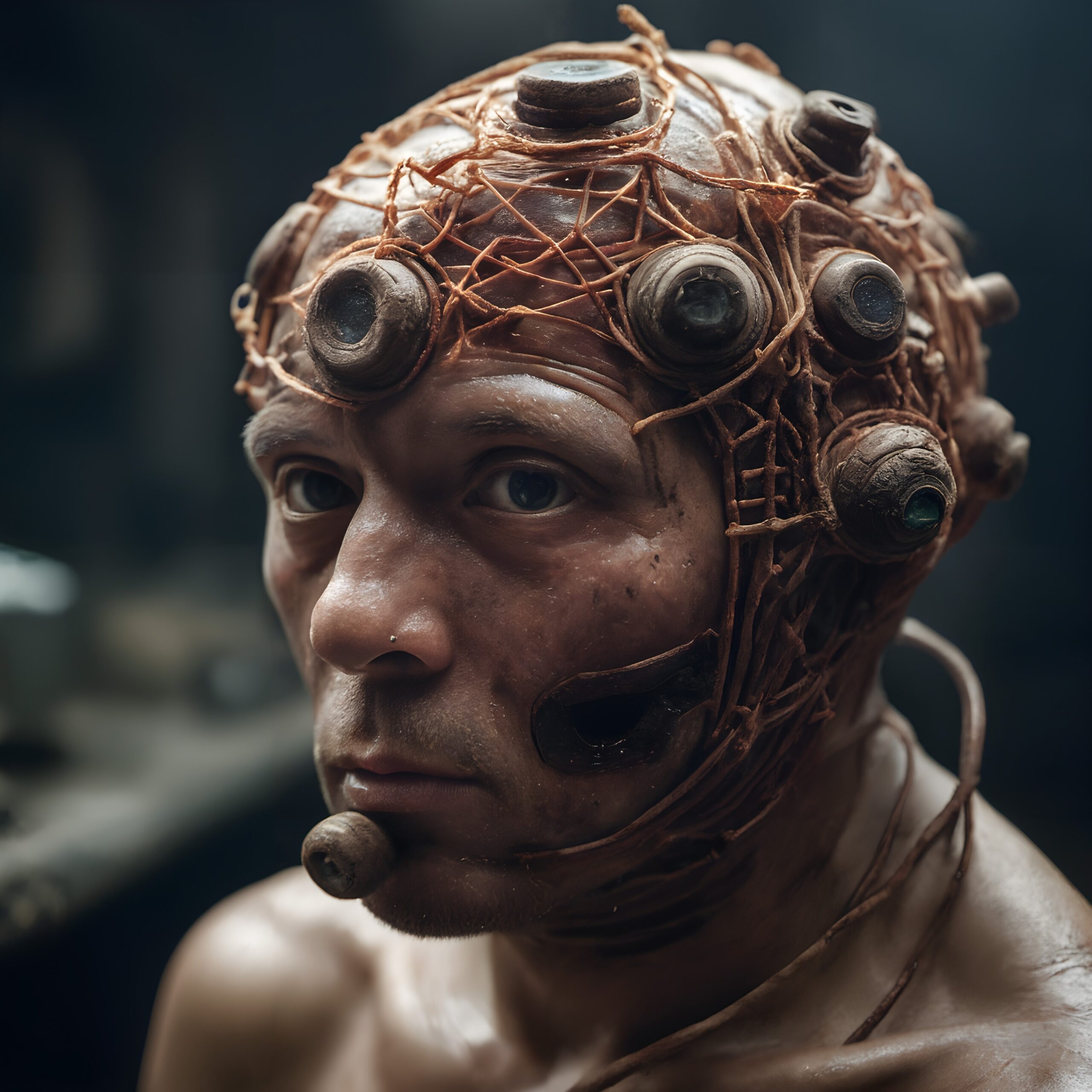 A person wears intricate headgear with mechanical and organic elements, emphasizing futuristic aesthetics.