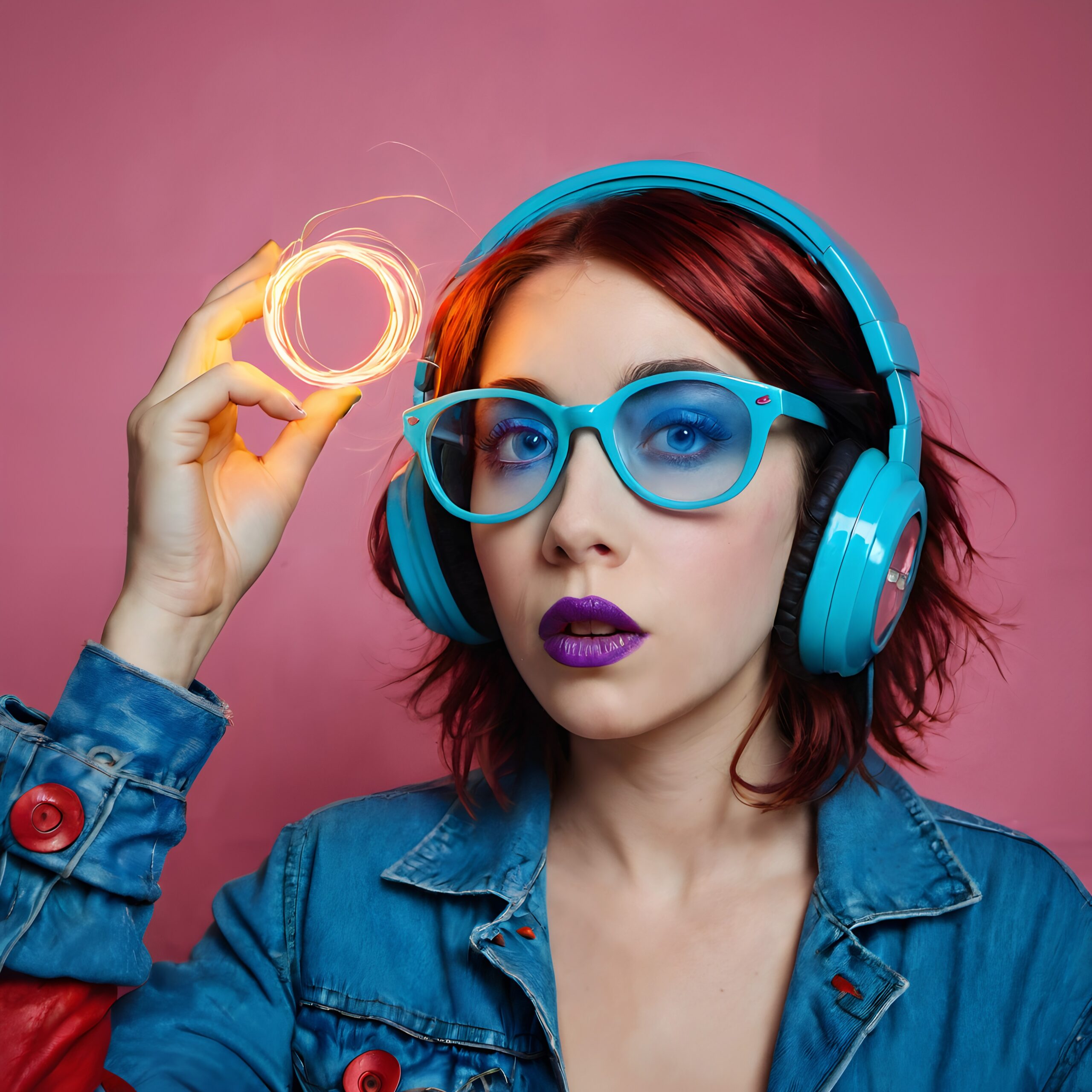 Woman with blue glasses and headphones holding glowing orb in front of pink background.