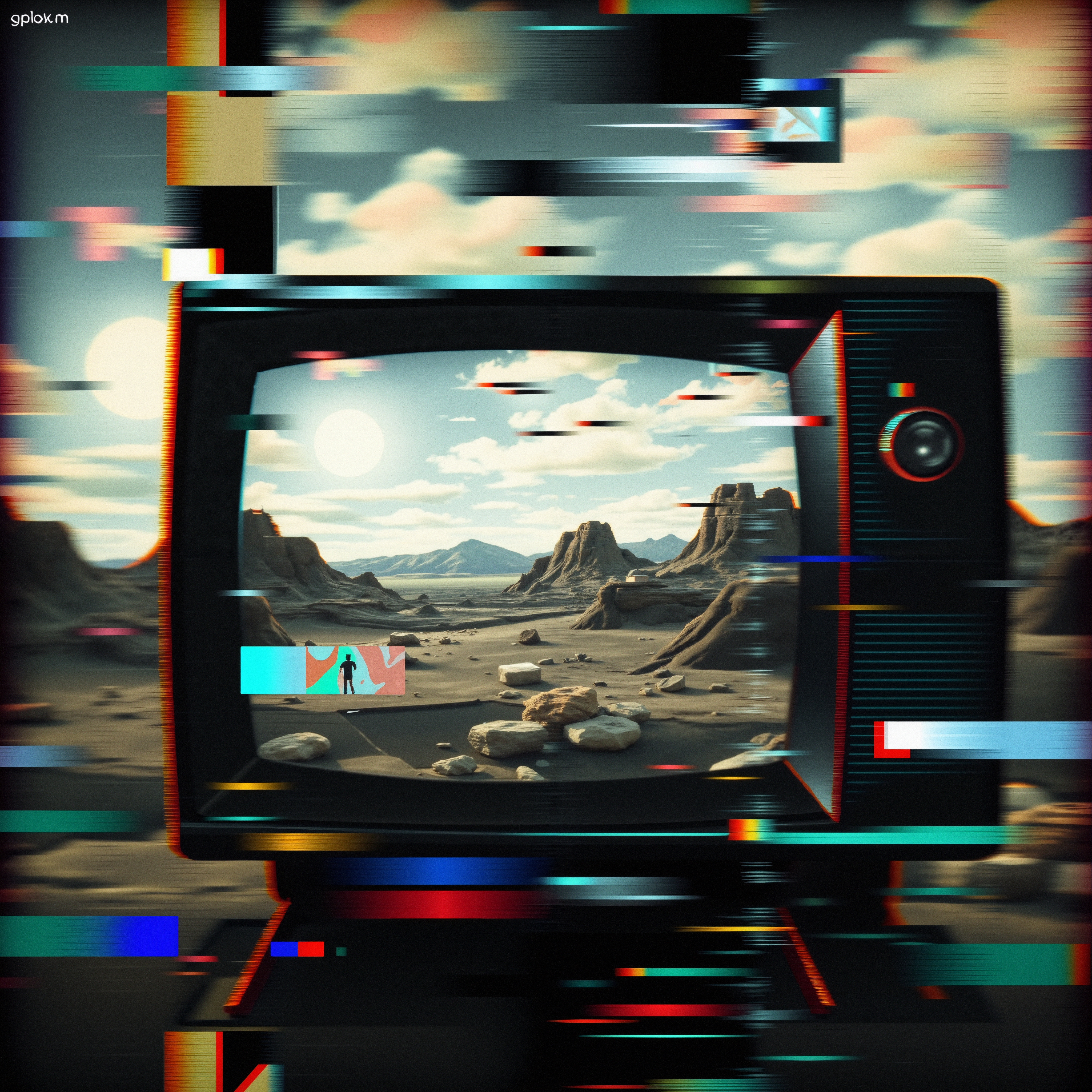 Surreal desert landscape on a glitchy TV screen showcasing dual suns and an exploring astronaut, blending digital art with retro nostalgia.