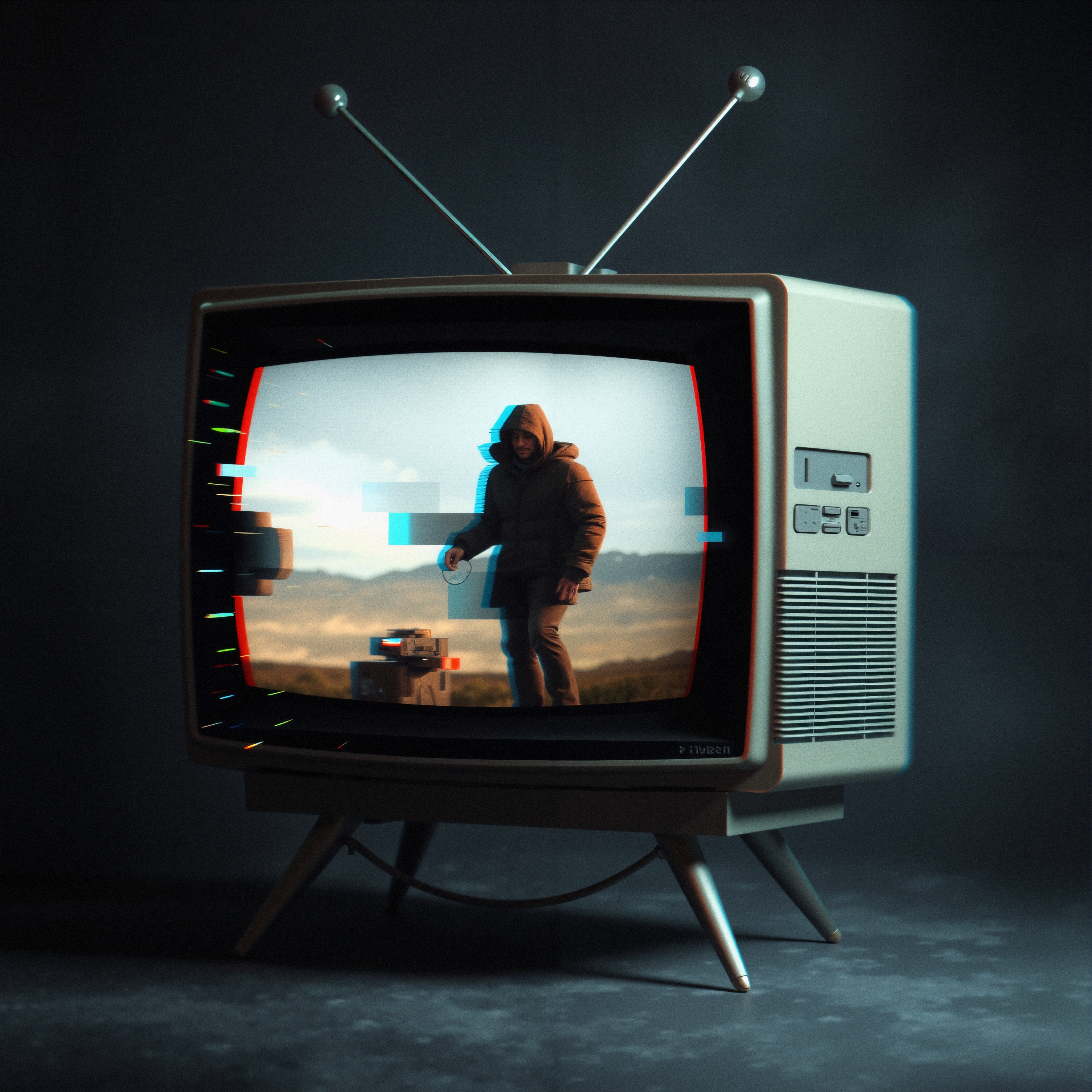 A vintage television displays a hooded figure in a digital landscape, with colorful glitches on the screen.