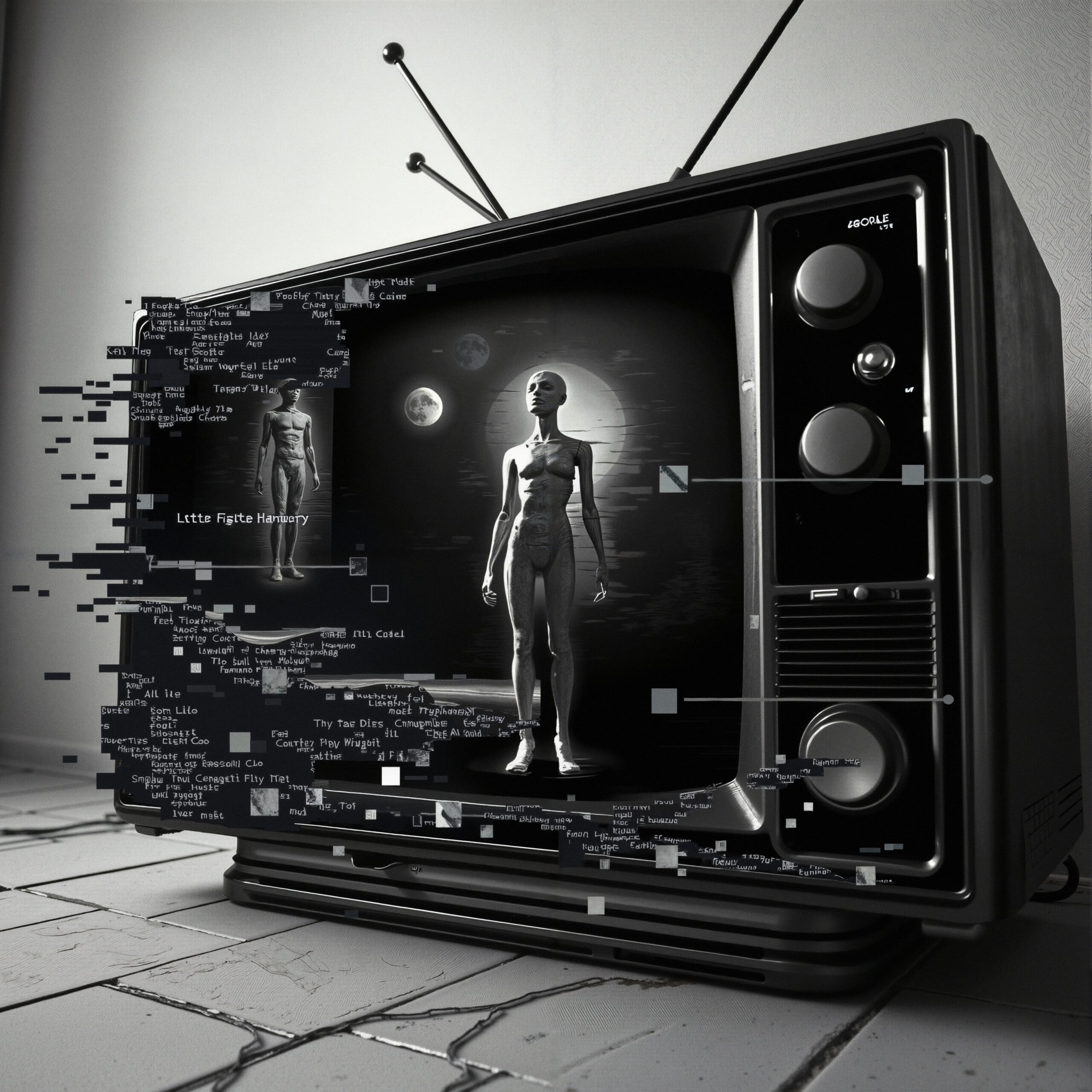 A retro television depicts a futuristic, sci-fi scene with a humanoid figure against a starry sky backdrop, surrounded by digital code and fragmented pixels.