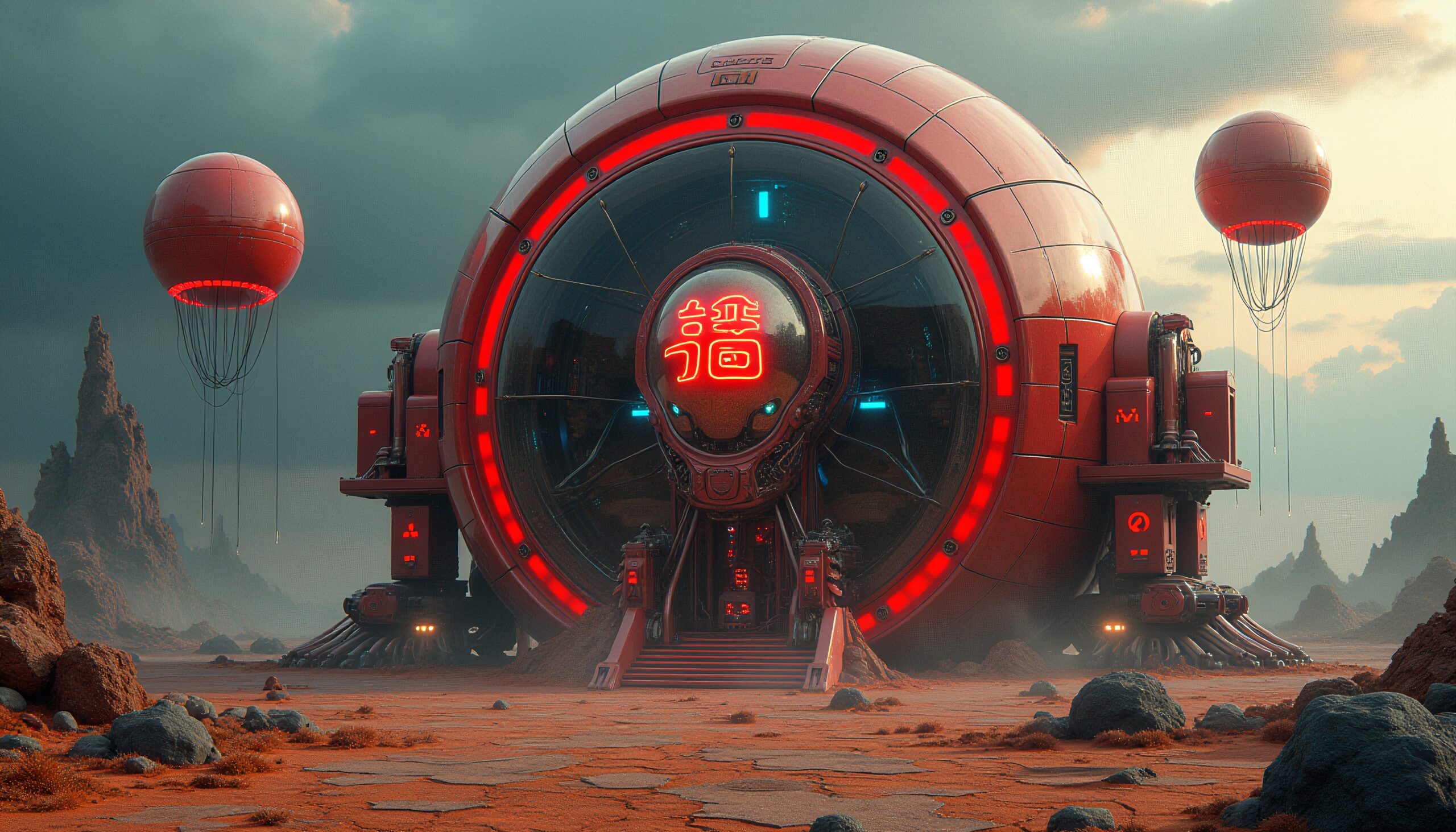A massive spherical alien structure glows red in a barren, rocky landscape under an ominous sky, accompanied by hovering red drones.
