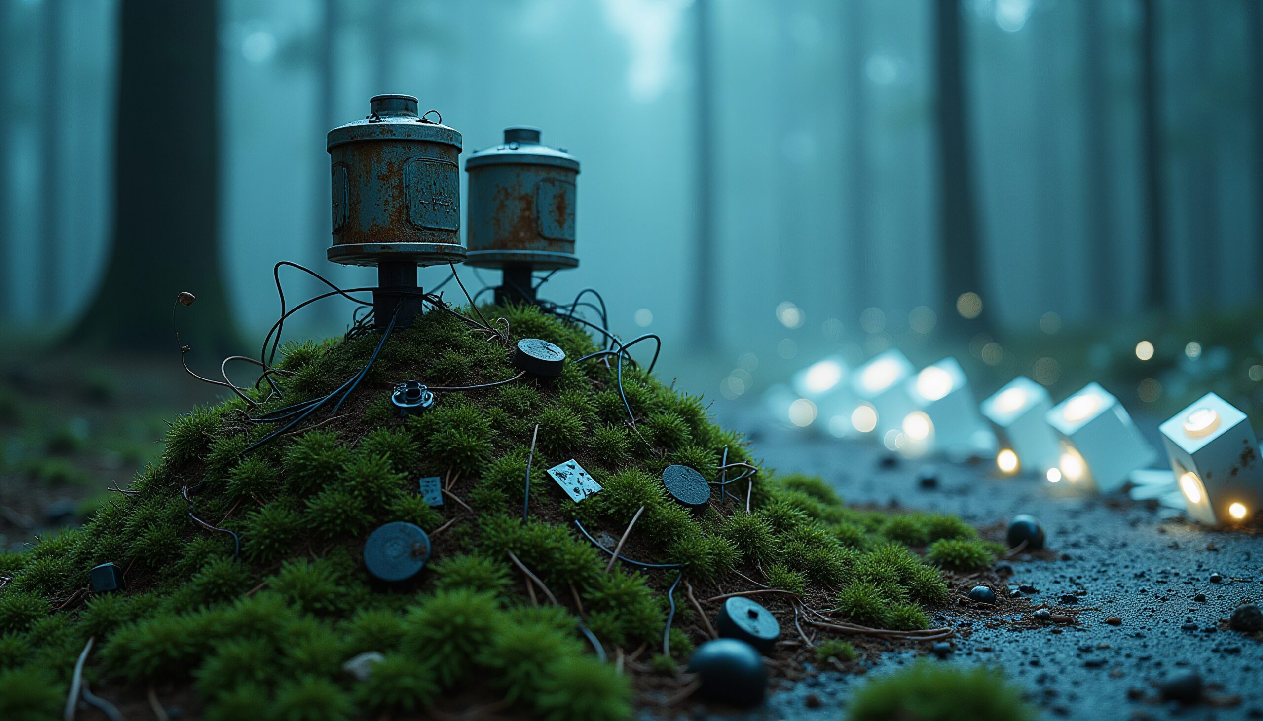 Rusty canisters and glowing cubes in a misty forest.
