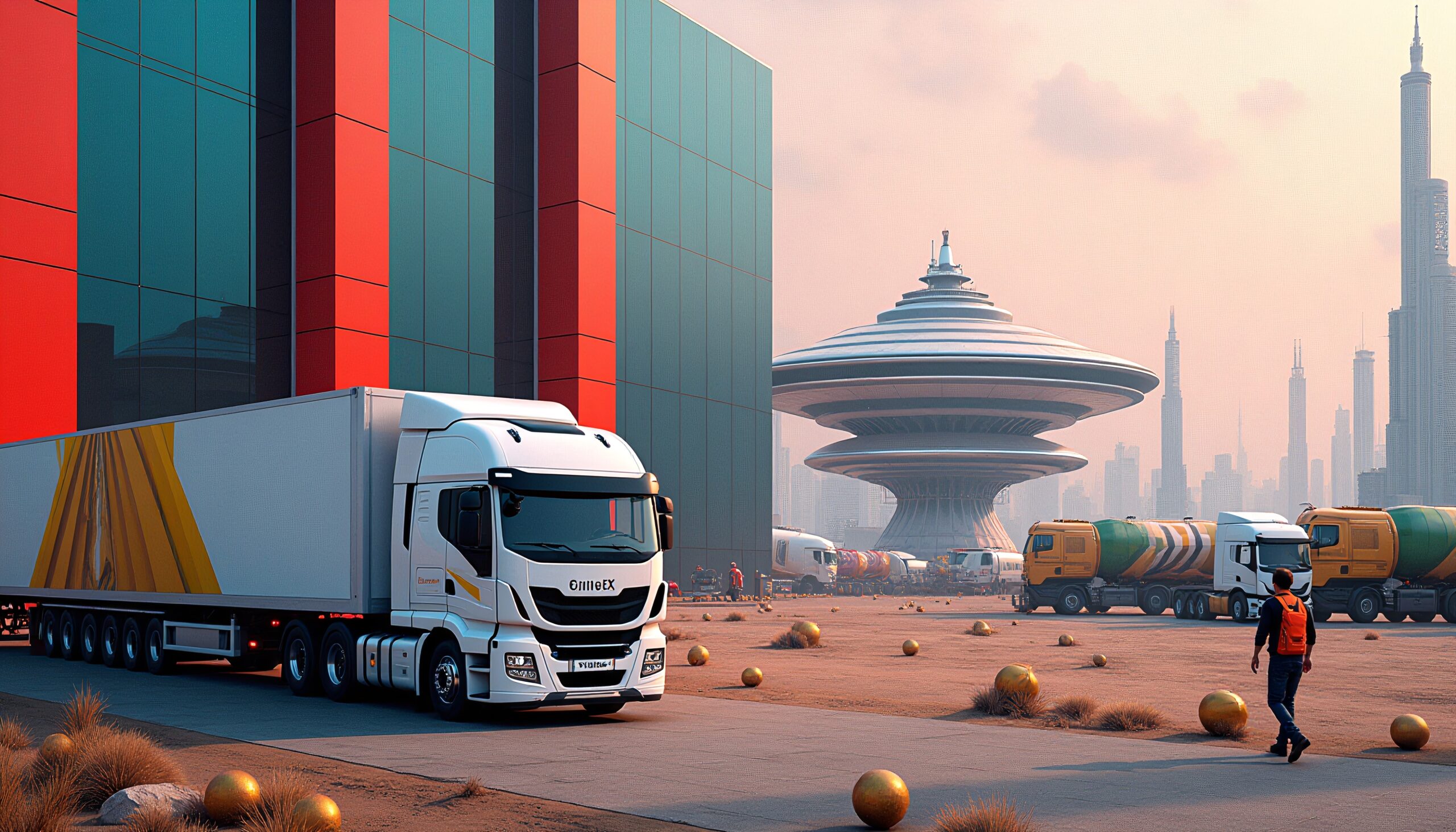A futuristic cityscape featuring a white truck parked beside a striking red and blue building with an unusual circular structure in the background.