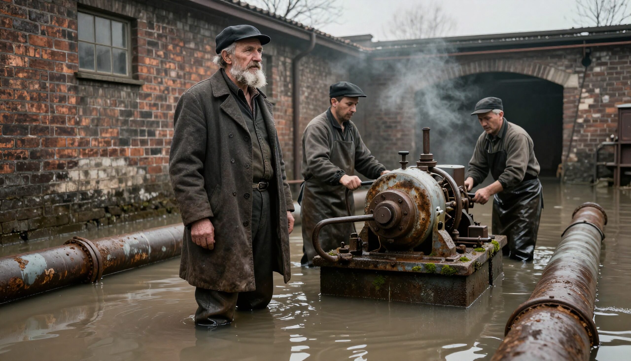 Three men in dark clothing work amid flooding at an industrial site, repairing machinery emitting steam.