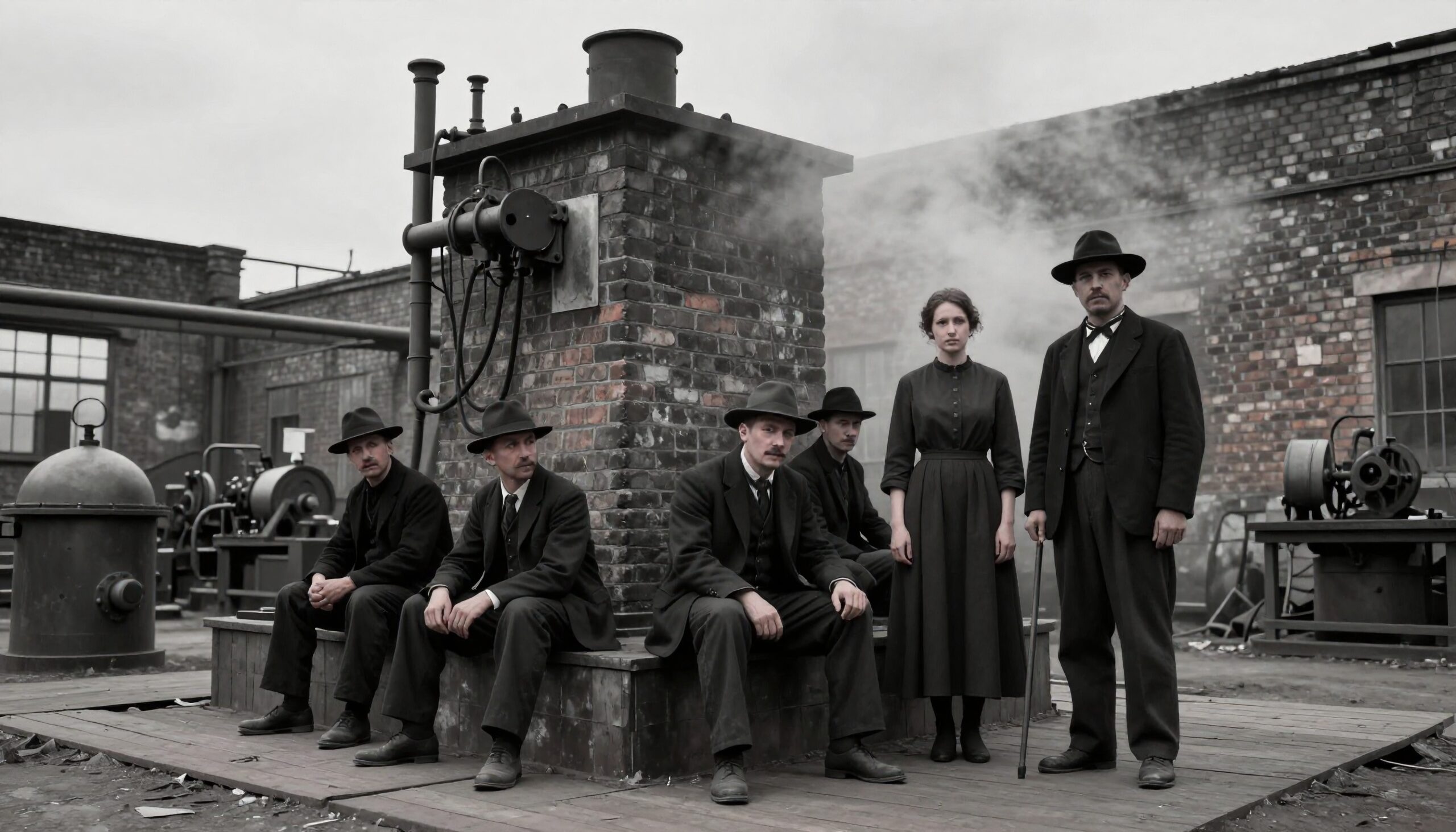 A group of early 20th-century industrial workers in formal attire pose in front of factory equipment amidst rising steam.