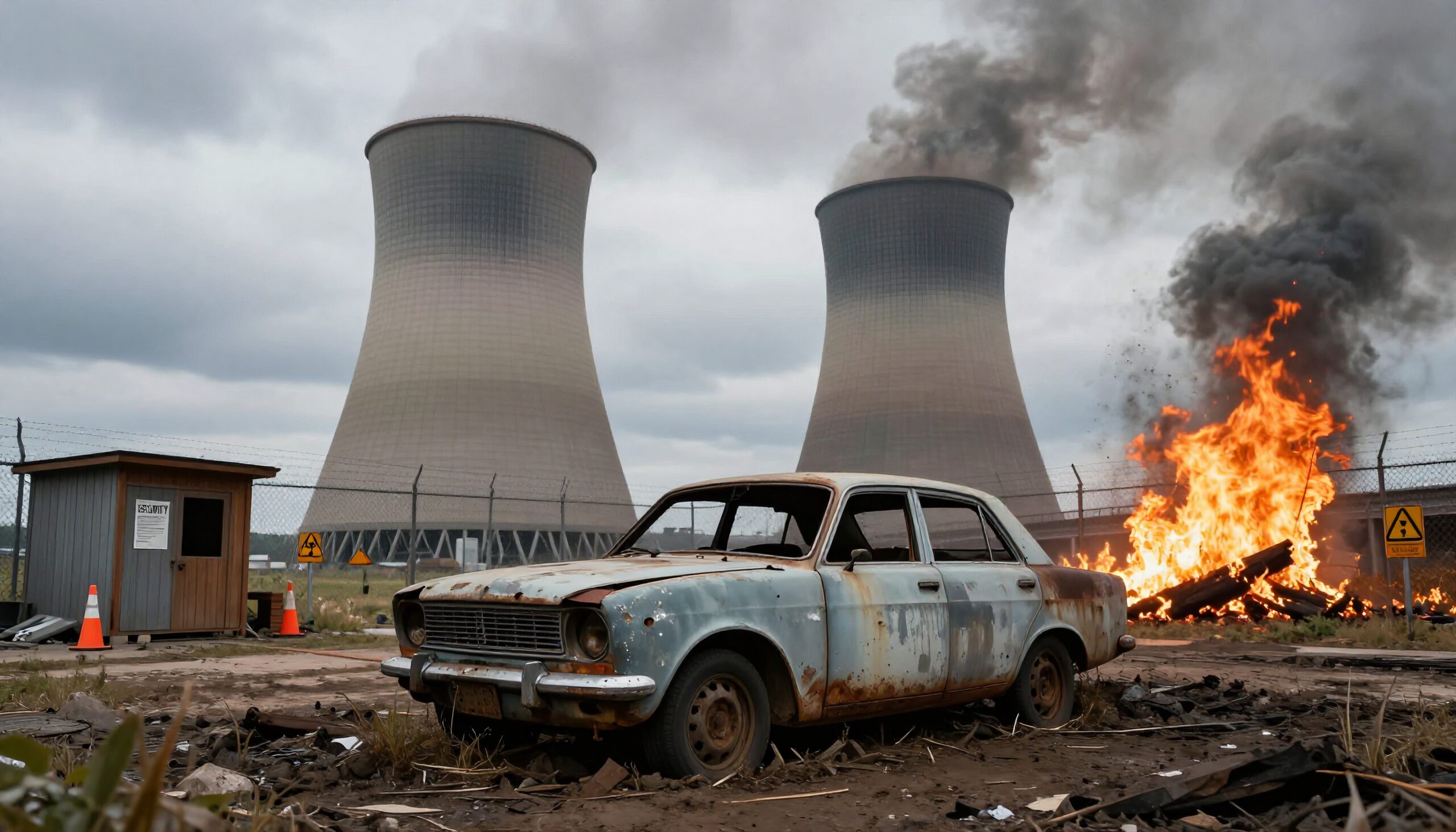 A rusted car in front of industrial cooling towers with a fire nearby.