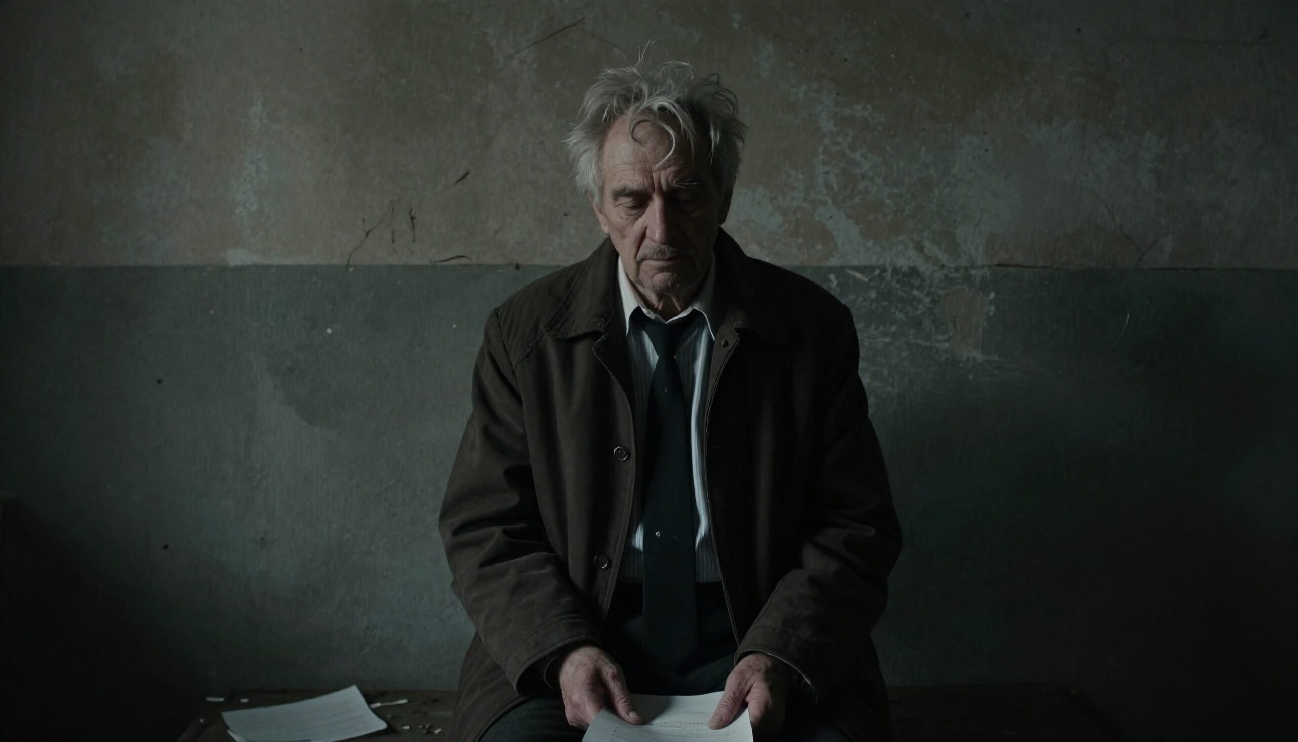 An elderly man sits quietly in a dimly lit room, holding a paper, surrounded by peeling walls, in a contemplative reflection on life.