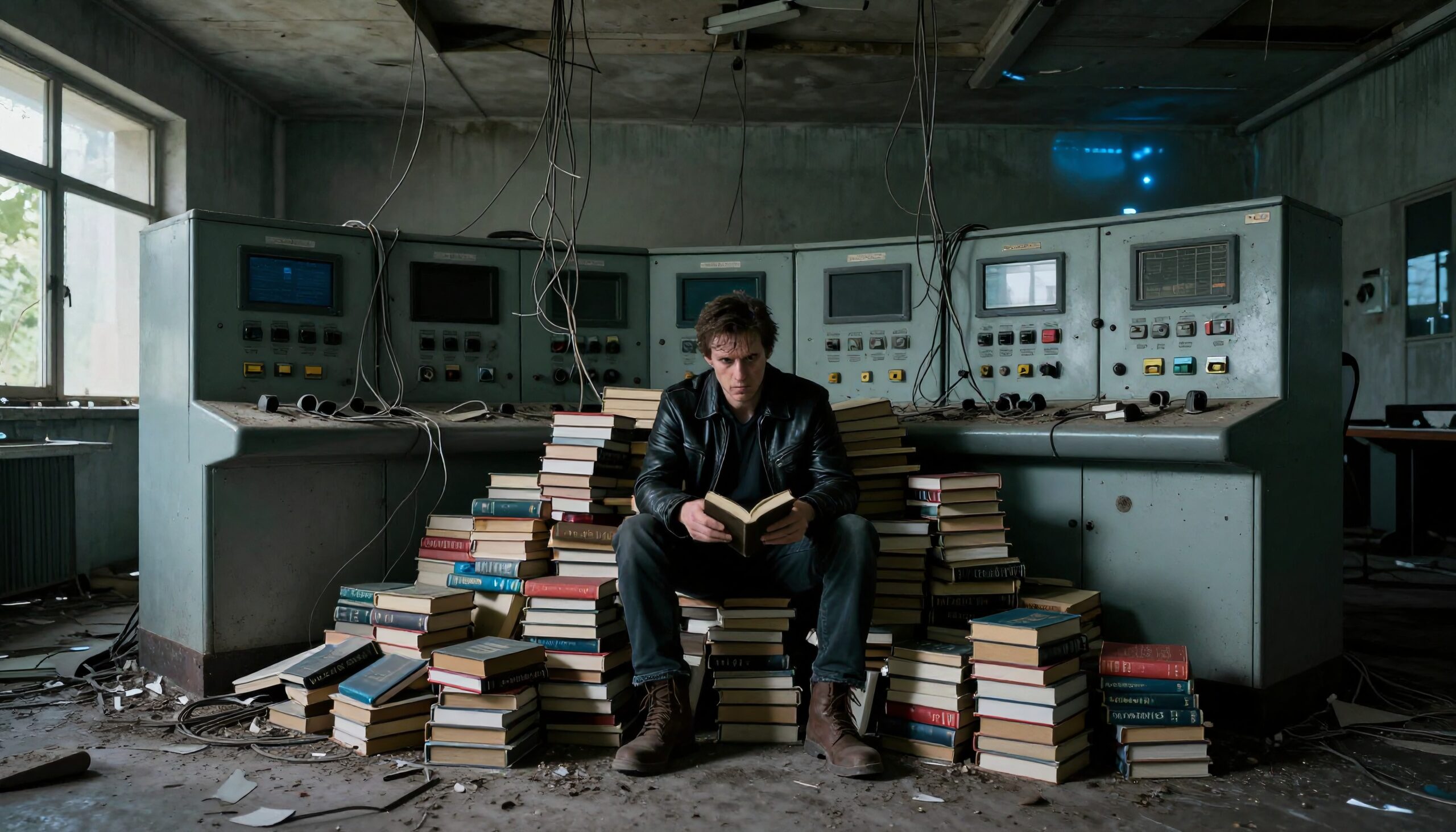 A man reads in an abandoned control room surrounded by stacks of books, creating a mysterious and thought-provoking scene.