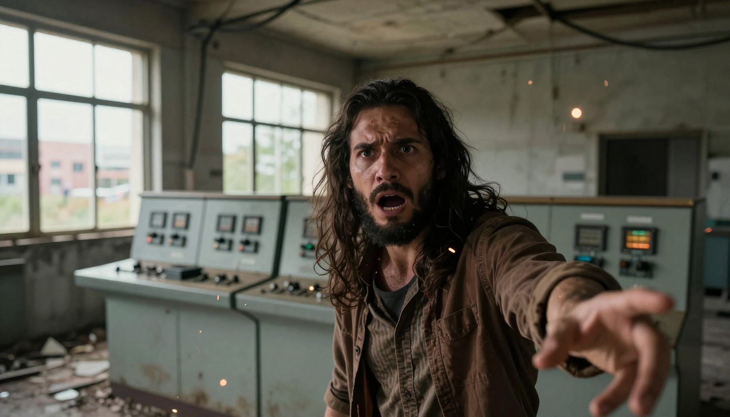 A man looks shocked in an abandoned control room.