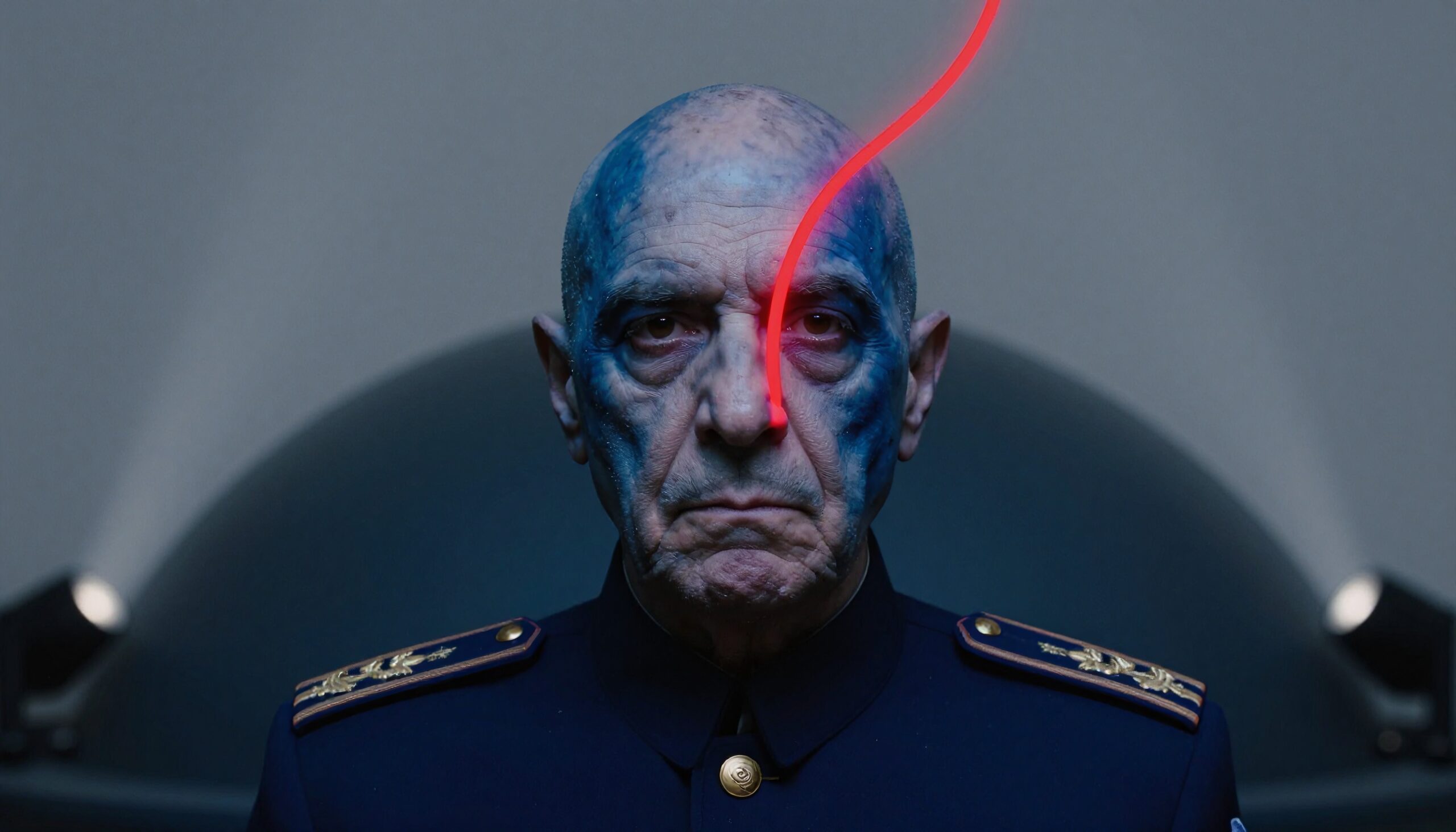 Close-up of a man with a red glowing line across his blue-painted face, wearing a military-style uniform.
