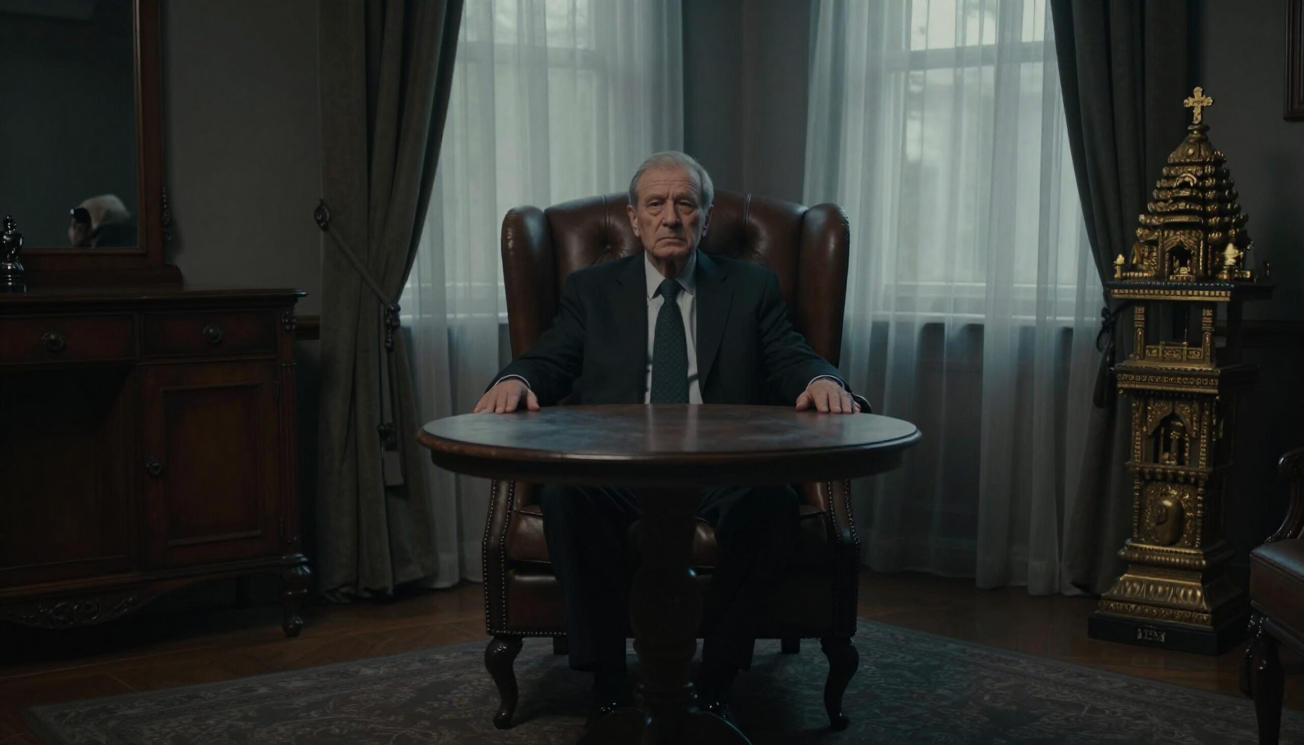 An elderly man in a leather armchair in a dimly lit room with ornate furnishings and large curtained windows.