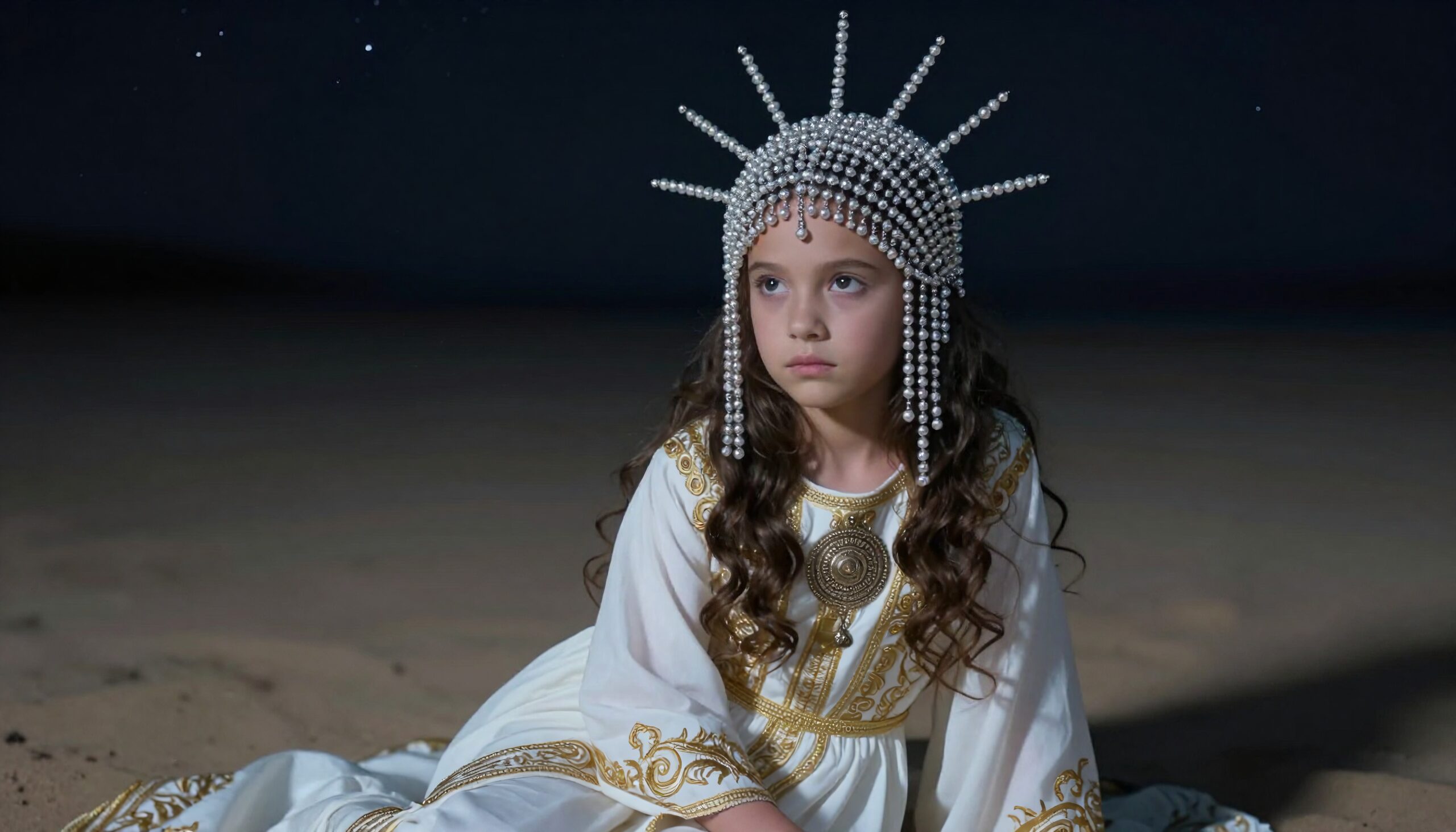 A young girl in a gold-trimmed dress with a pearl crown sits under a starry night sky.
