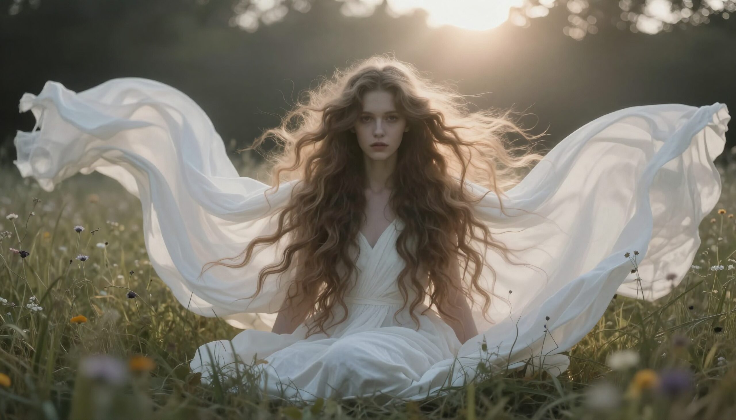 A woman in a flowing white dress sits in a sunlit meadow surrounded by wildflowers, exuding ethereal beauty and tranquility.
