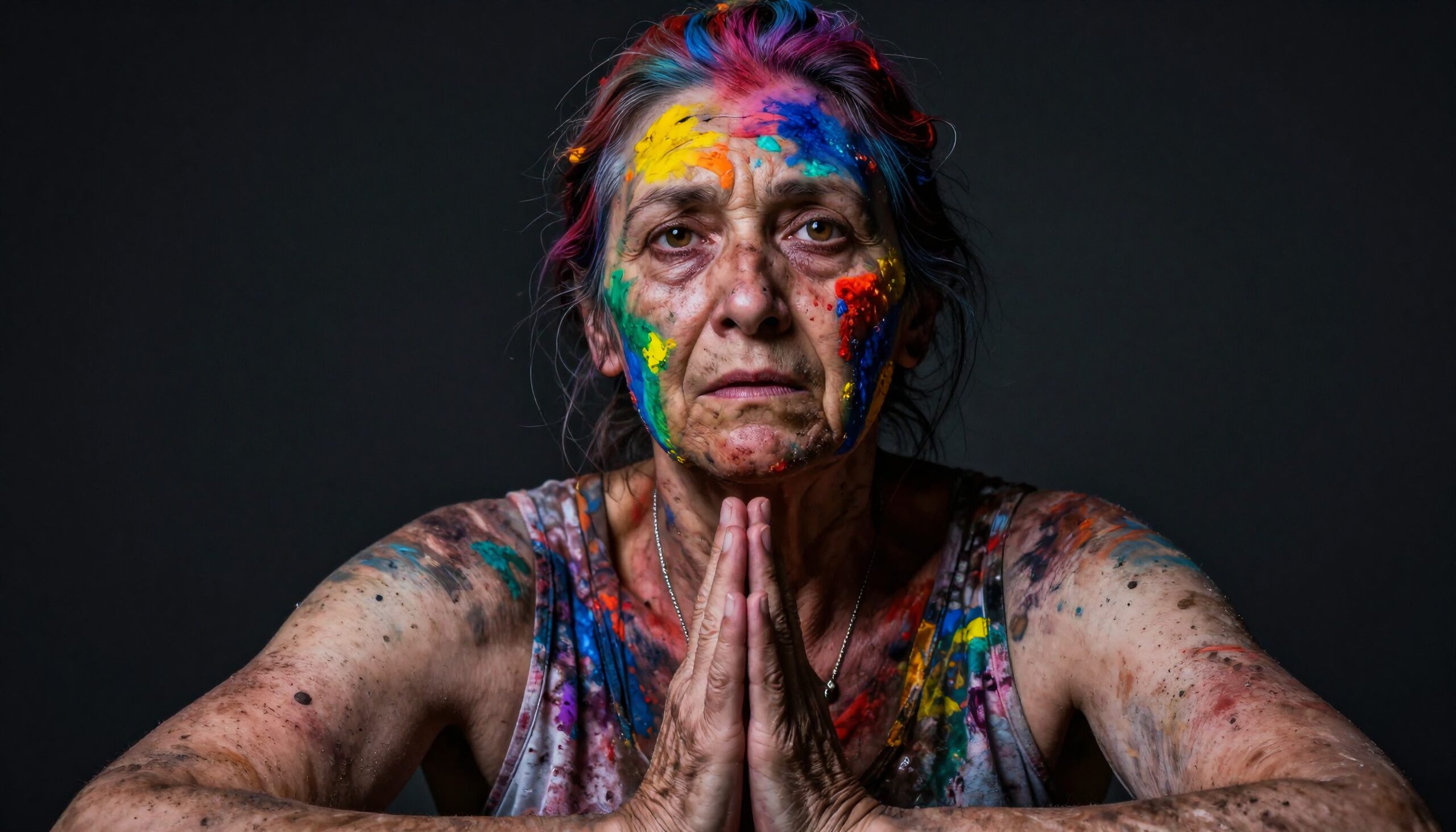 A woman with colorful paint on her face and arms, expressing creativity and emotion in a dark setting.