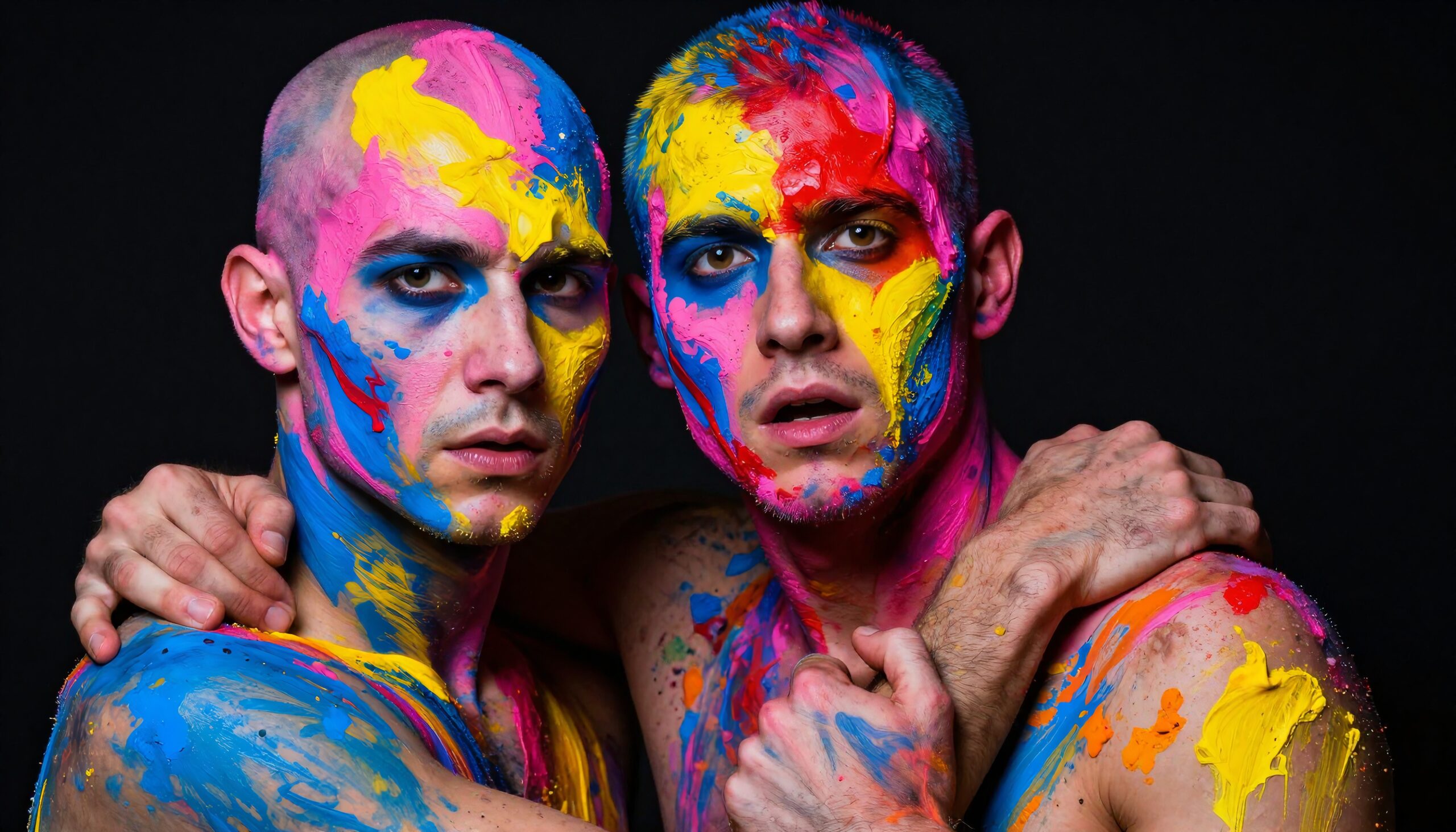 Two people covered in vibrant paint pose dramatically against a dark backdrop.