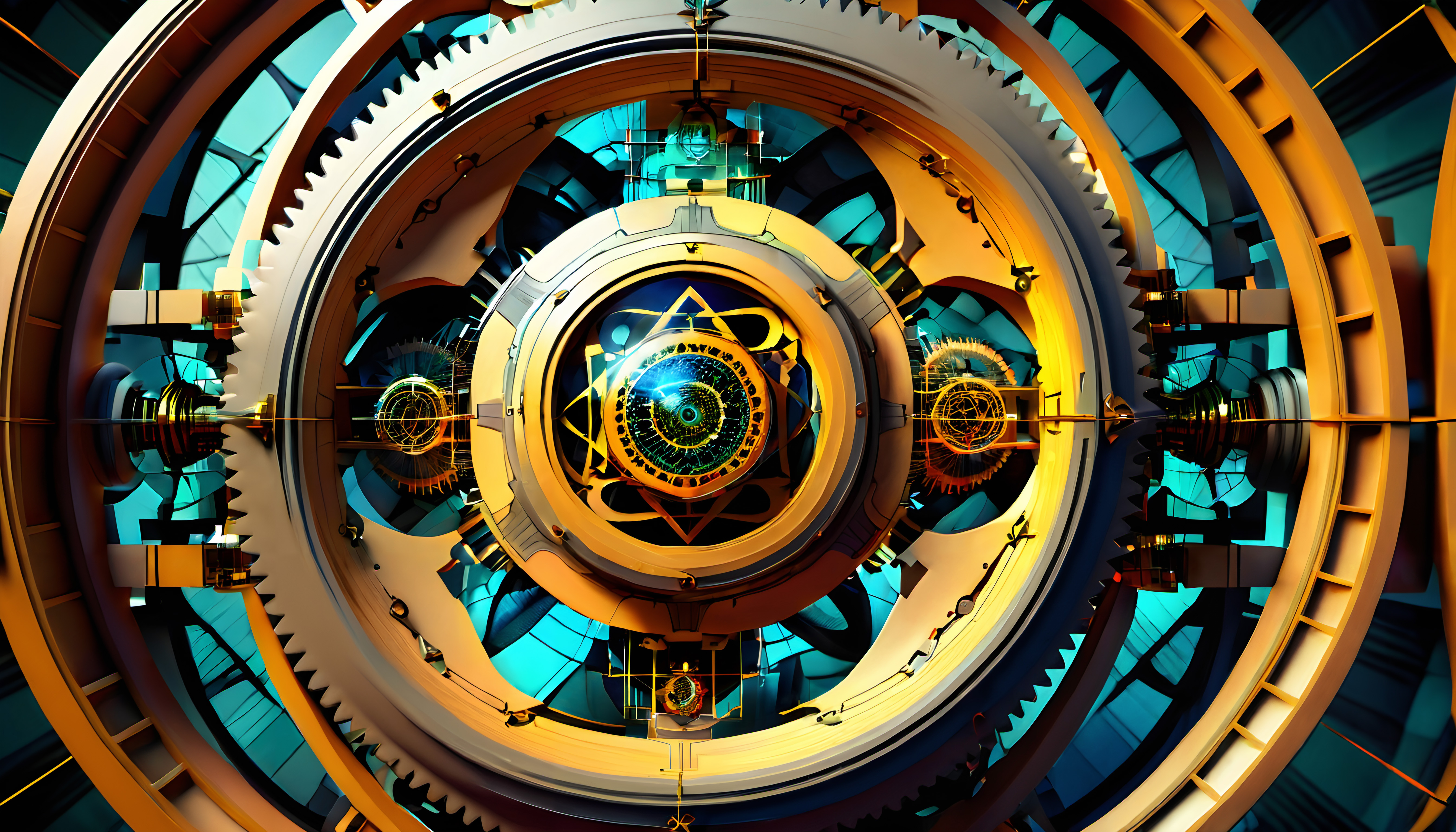 Intricate futuristic mechanism with interlocking gears and glowing center.
