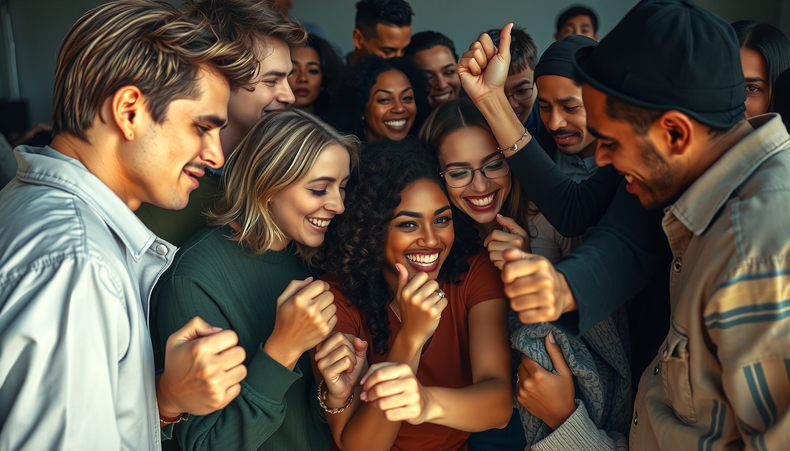 A joyful group of friends celebrating together, smiling, diverse, and cheering in a happy gathering.