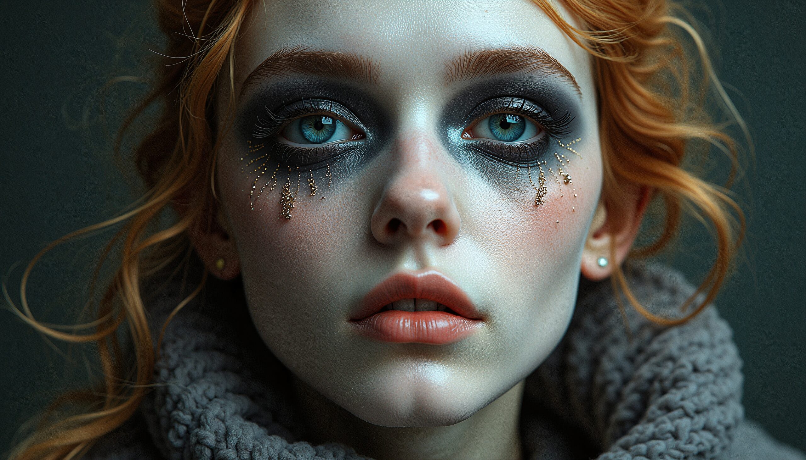 A portrait of a woman with blue eyes and celestial-themed makeup, featuring gold star decorations.