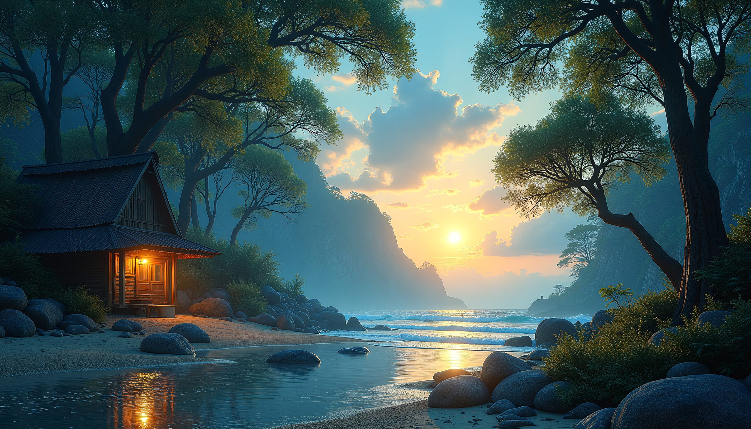 A tranquil beach scene with a cozy cabin illuminated by sunset.