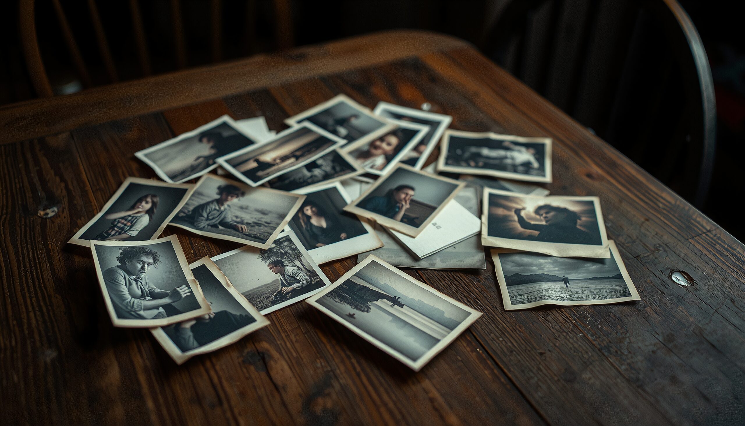 Scattered vintage photos on wooden table evoke nostalgia and memories.
