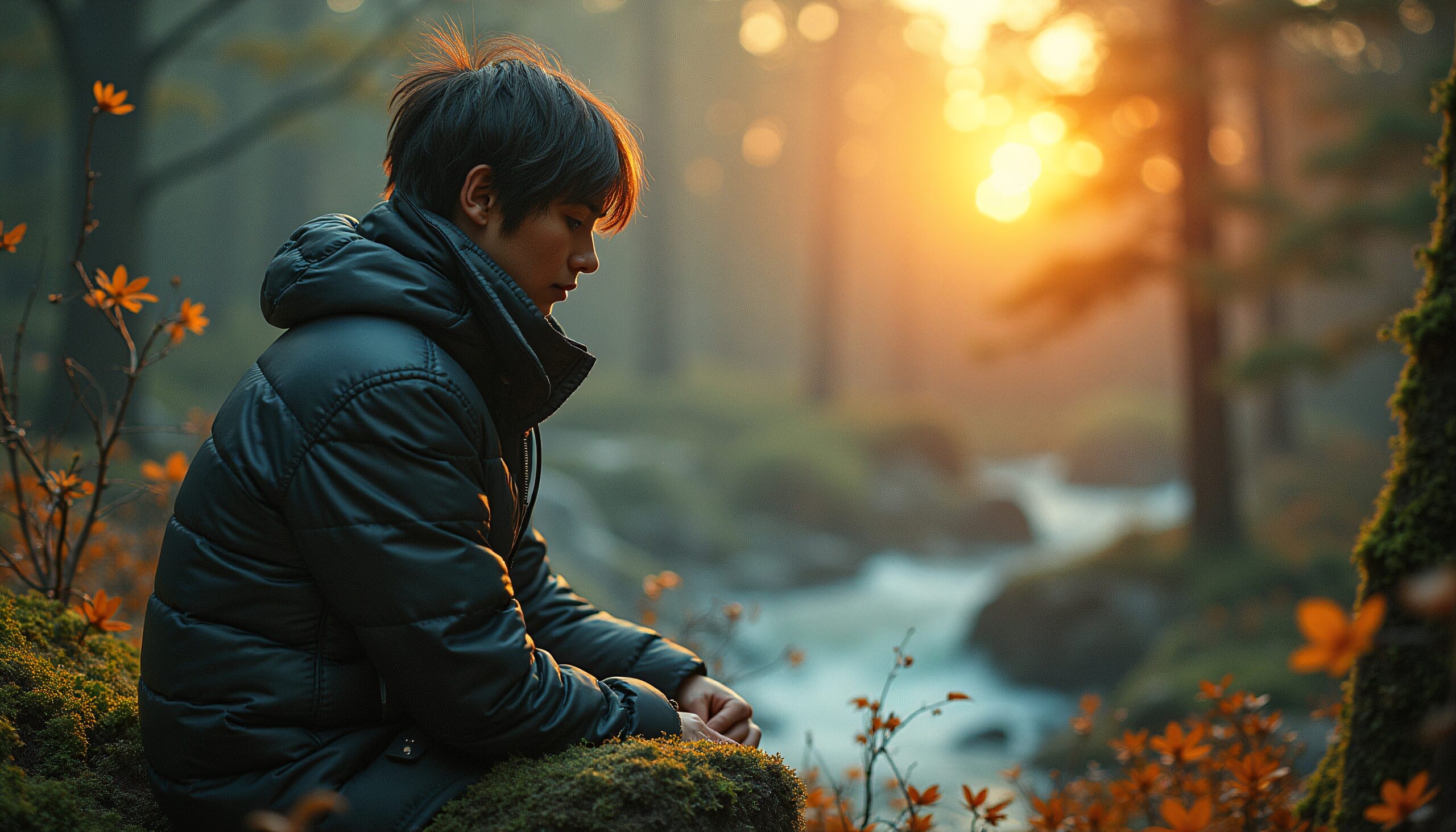 A person sitting on a mossy rock in a sunlit forest, deep in contemplation amidst nature's beauty.