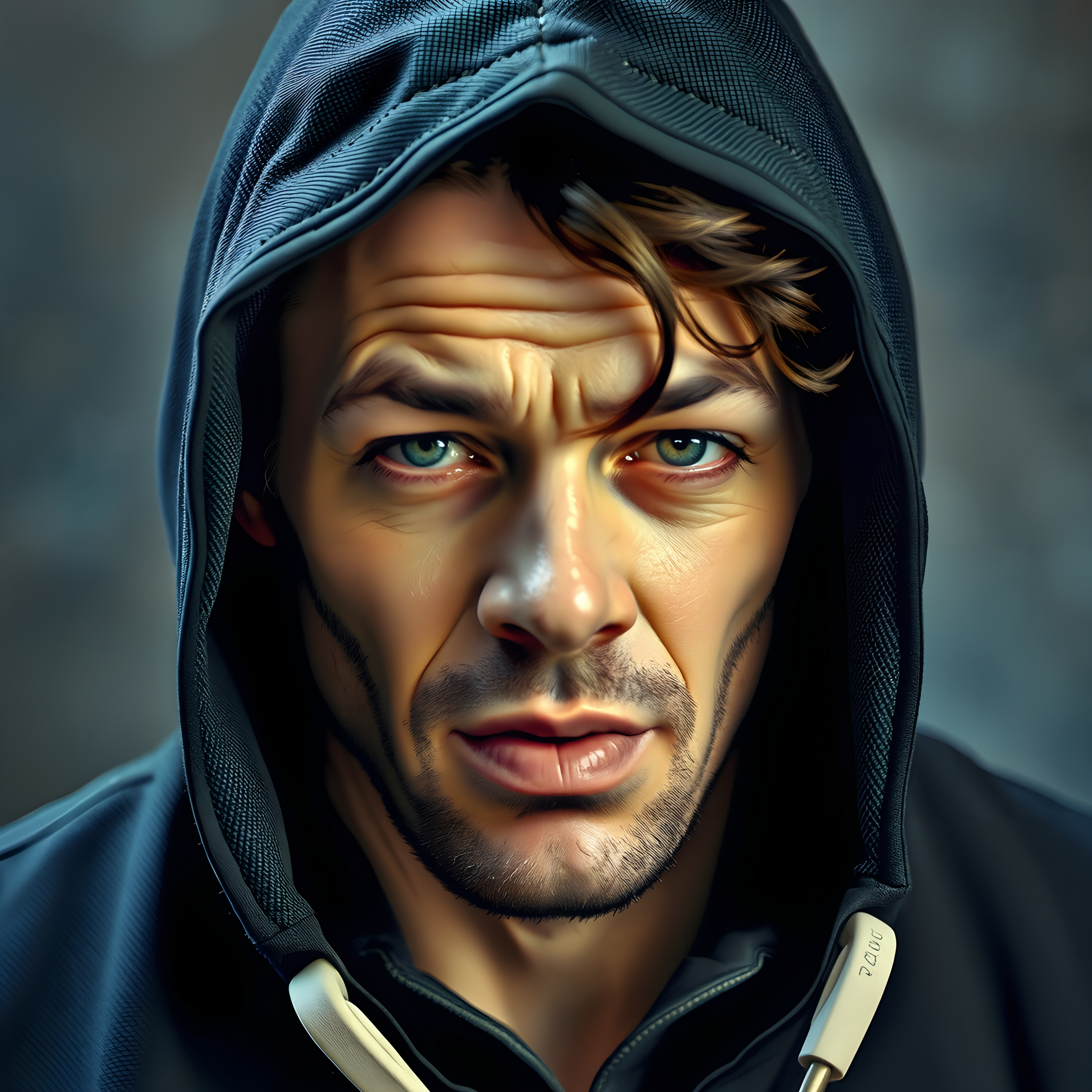Portrait of a man in a black hoodie, intense expression and vivid eyes.