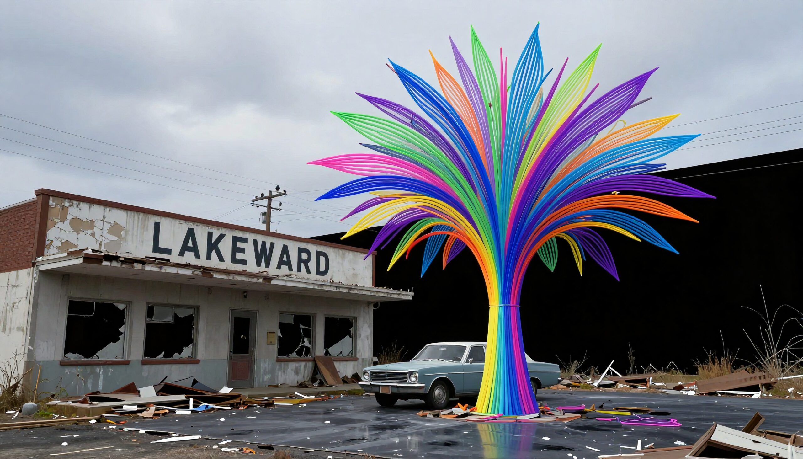 A vibrant, colorful tree sculpture juxtaposed against an abandoned urban setting with a retro car and dilapidated building.
