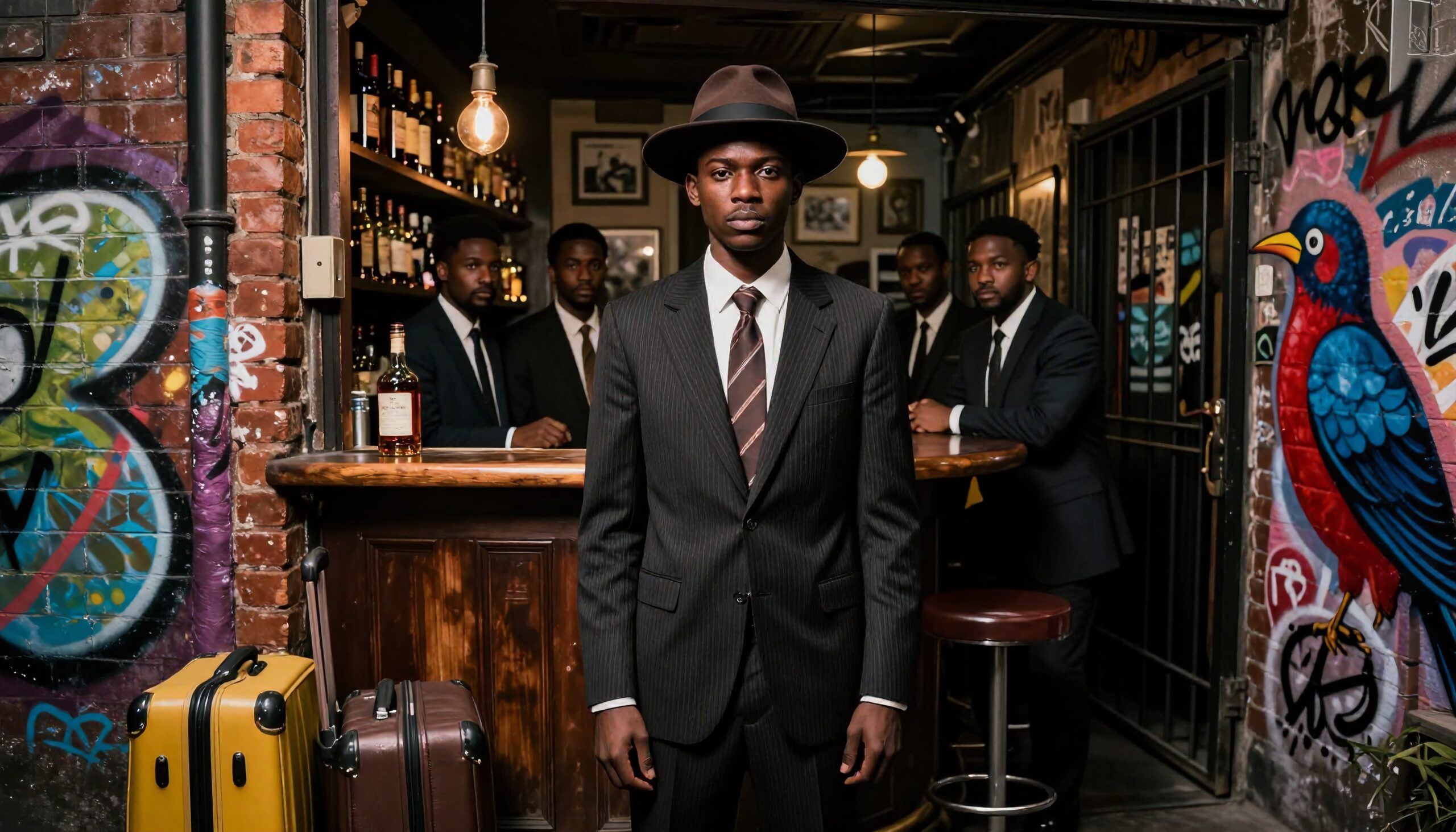 A stylish group of men in suits at an urban bar with colorful graffiti, showcasing vintage elegance and modern contrast.